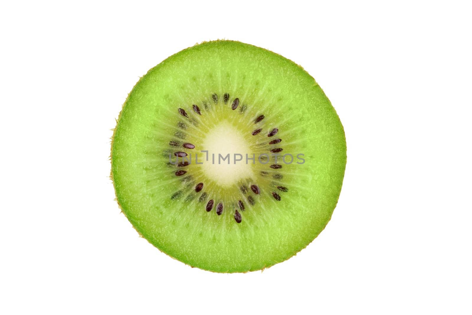 Closeup slice of one green kiwi fruit isolated on white background. Ripe fresh juicy single qiwi fruit close up. by photolime