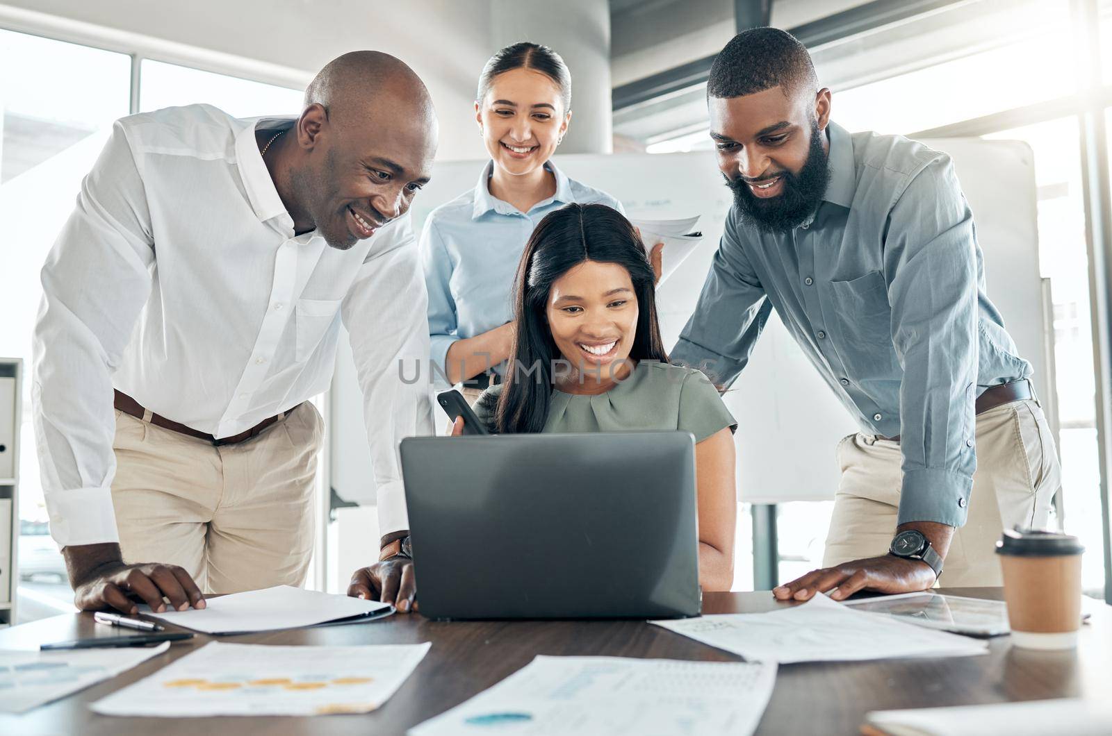 Business teamwork on laptop for marketing meeting, online web collaboration and planning tech ideas in office agency. Happy, diversity and motivation employees working on successful startup strategy.