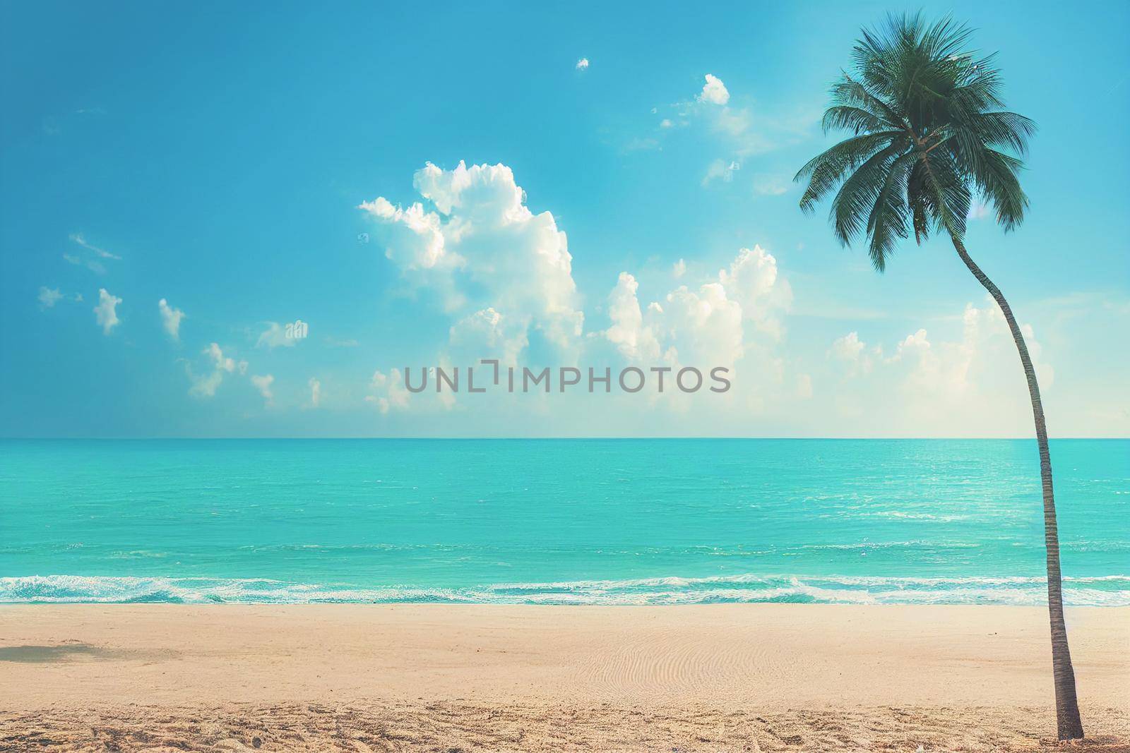 3D render of Nature tropical beach sea with palm tree and the ocean. Beautiful beach blue sea water. Blue sky background.
