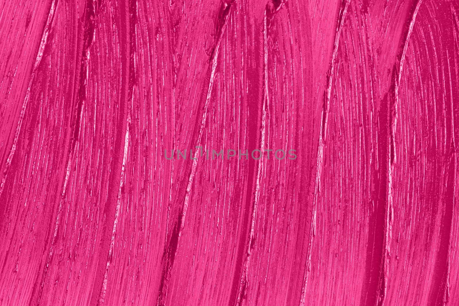 Beauty product sample closeup. Purple cosmetics smear pattern. Liquid lipstick cosmetic. Pink swatch matt backdrop. by photolime