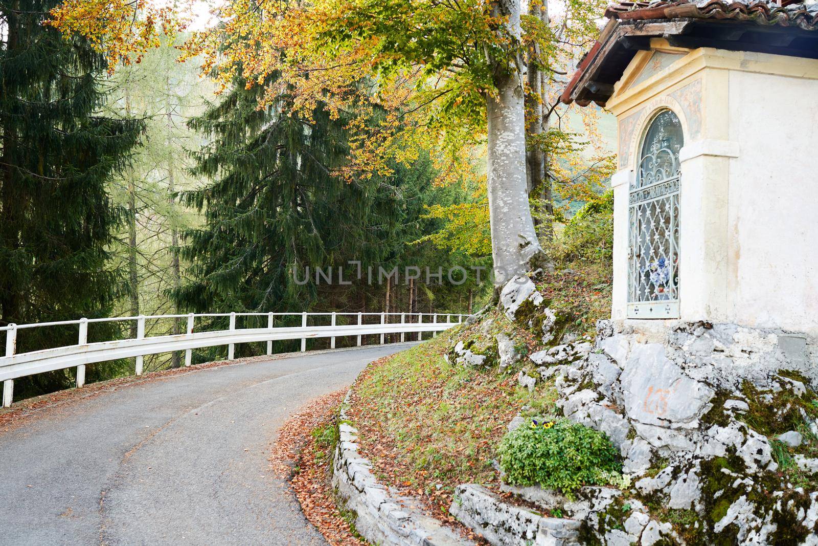 Picturesque Alps autumn landscape, serpentine mountain road in Lombardy, Italy. Tourist adventure, colorful autumn scene