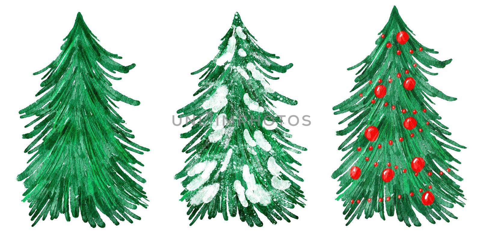 Watercolor hand drawn illustration of Christmas tree. Winter new year evergreen fir pine spruce plant. December season celebration design, holiday party print for invitations cards, isolated on white background. by Lagmar