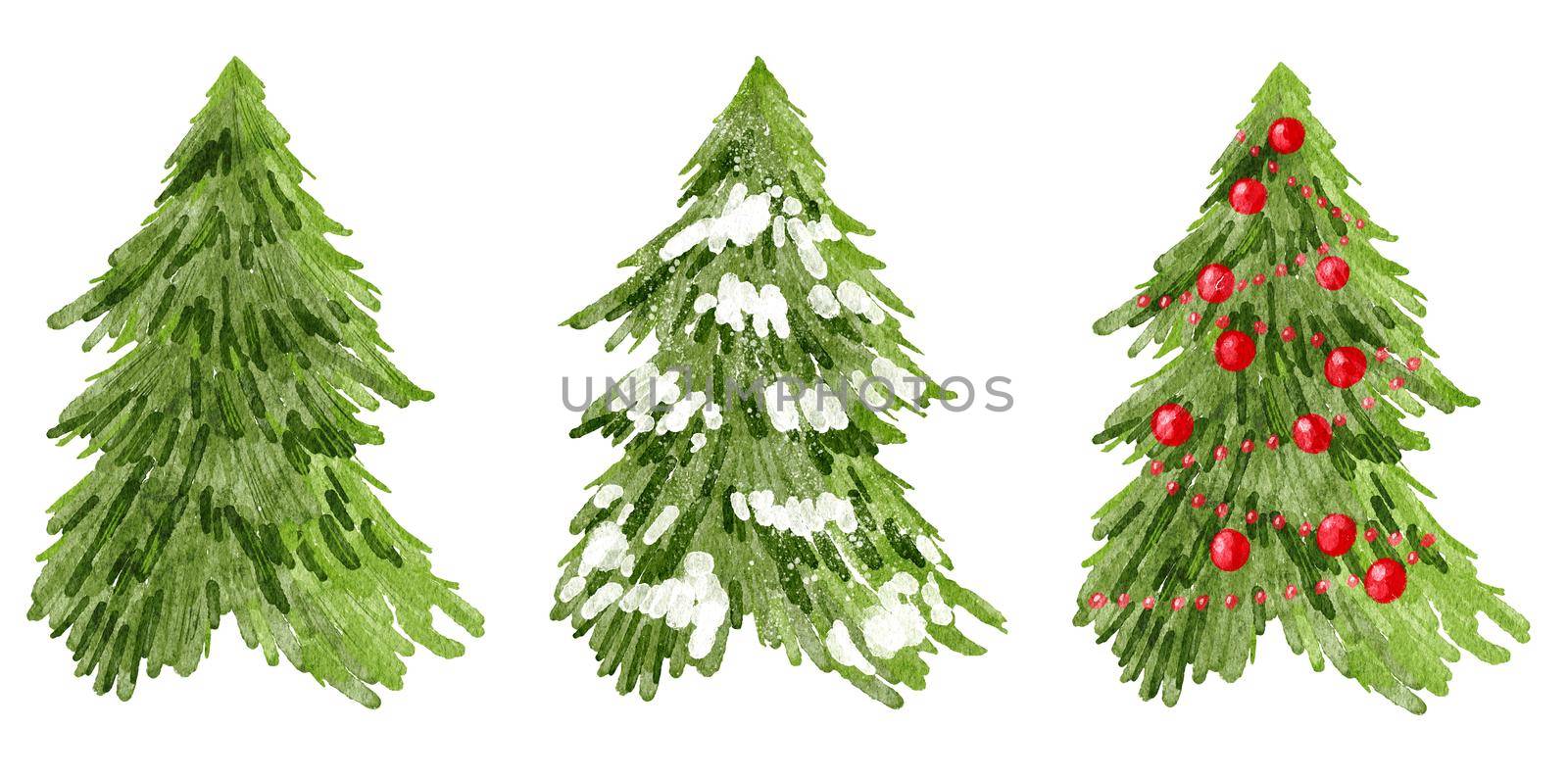 Watercolor hand drawn illustration of Christmas tree. Winter new year evergreen fir pine spruce plant. December season celebration design, holiday party print for invitations cards, isolated on white background