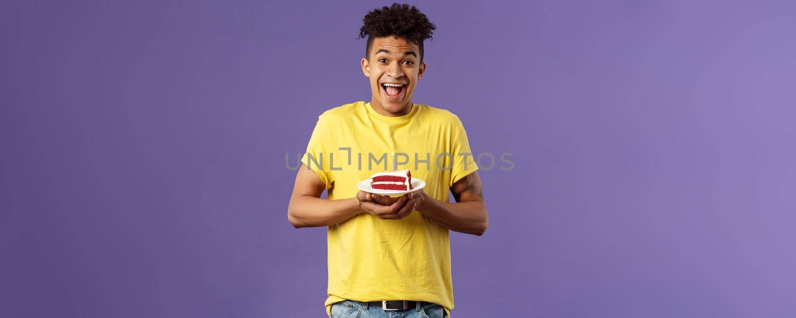 Happy birthday to me. Portrait of upbeat, excited hispanic man with dreads celebrating b-day, holding plate cake with lit candle, smiling amused, making wish, purple background by Benzoix