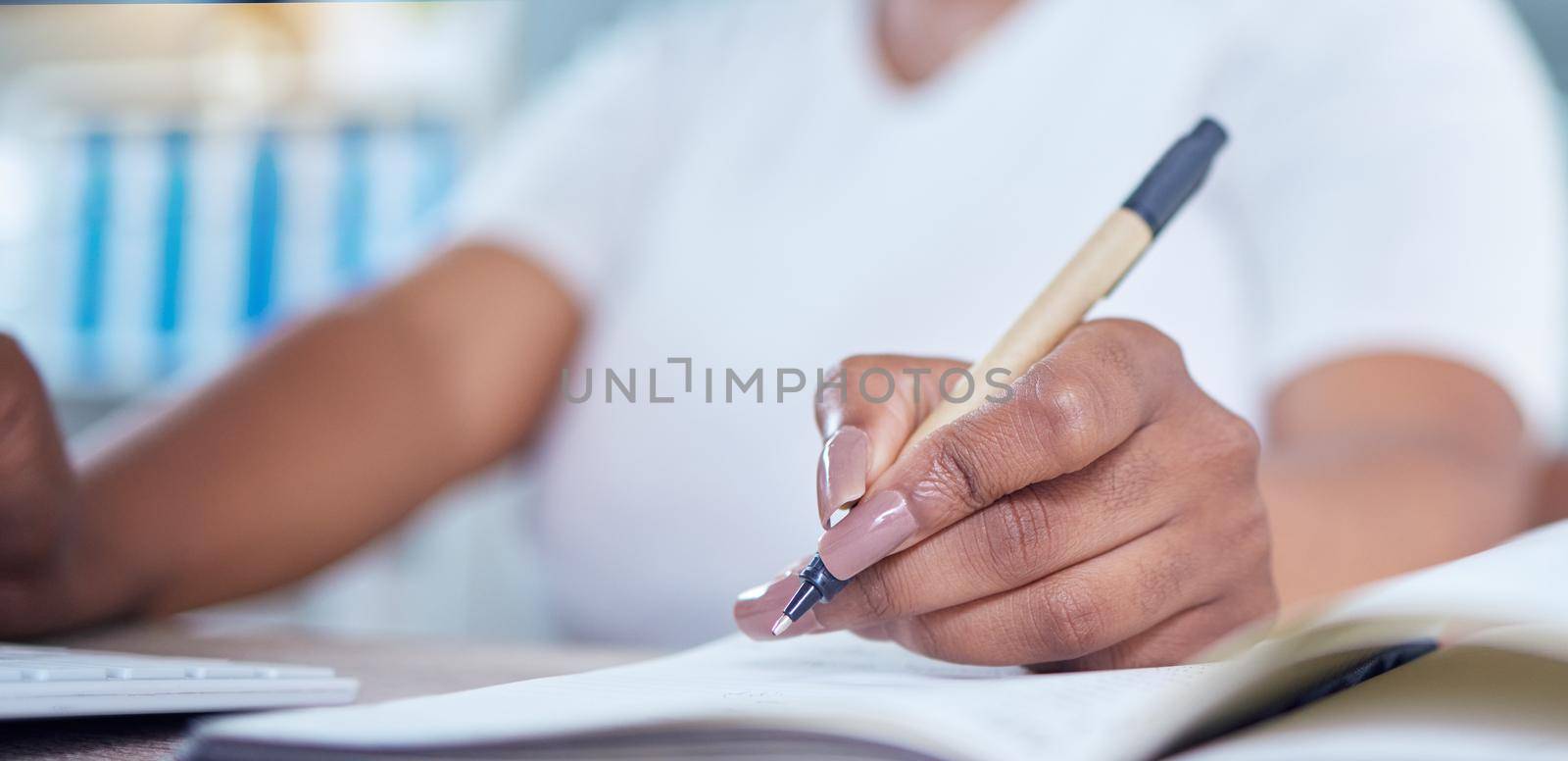 Hands, paper and writing of a woman at work and working on paperwork or documents at the office. Female business worker or employee hand and pen ready to write plan, records or customer information. by YuriArcurs