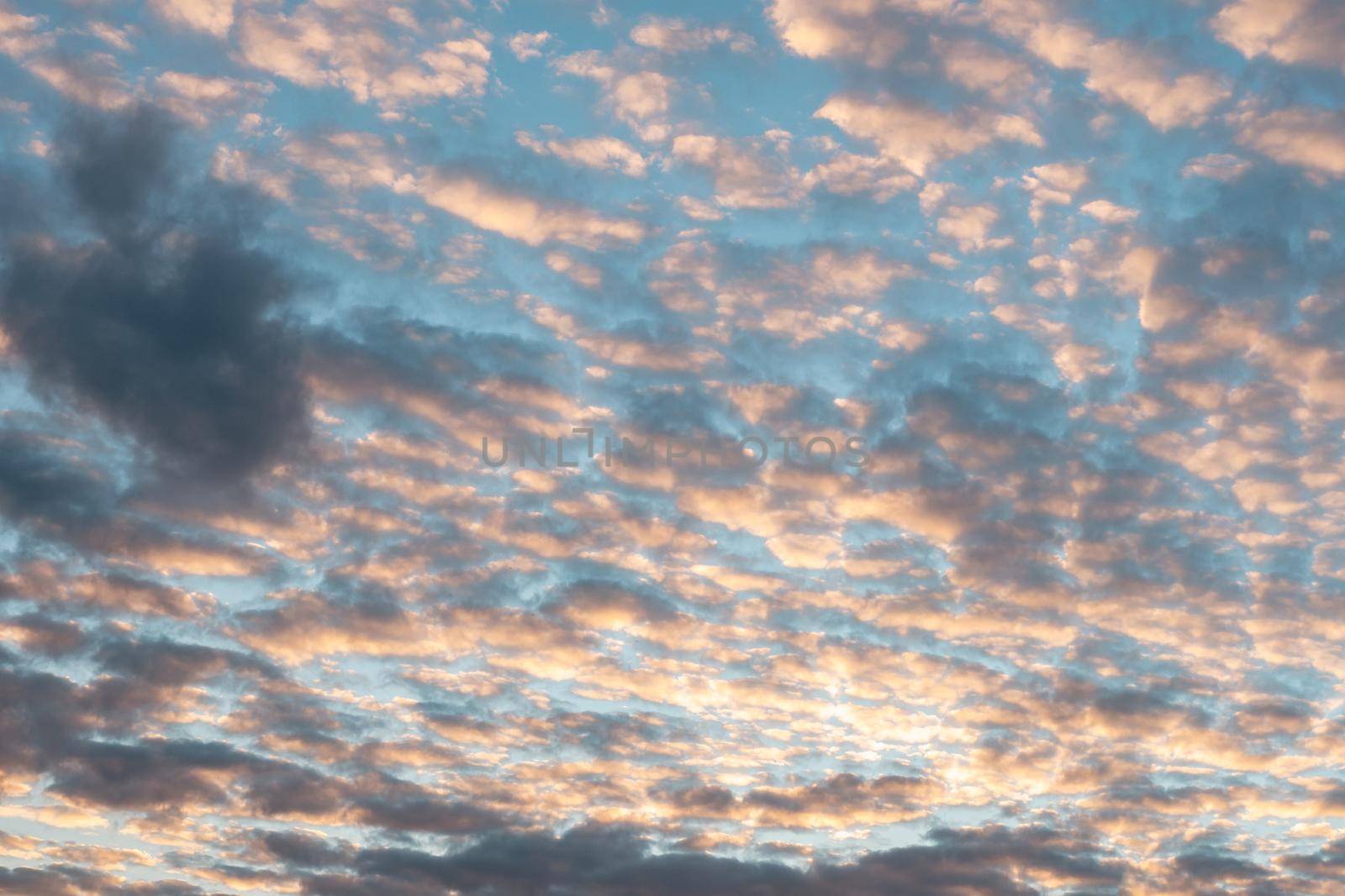 Evening sunset sky with many clouds