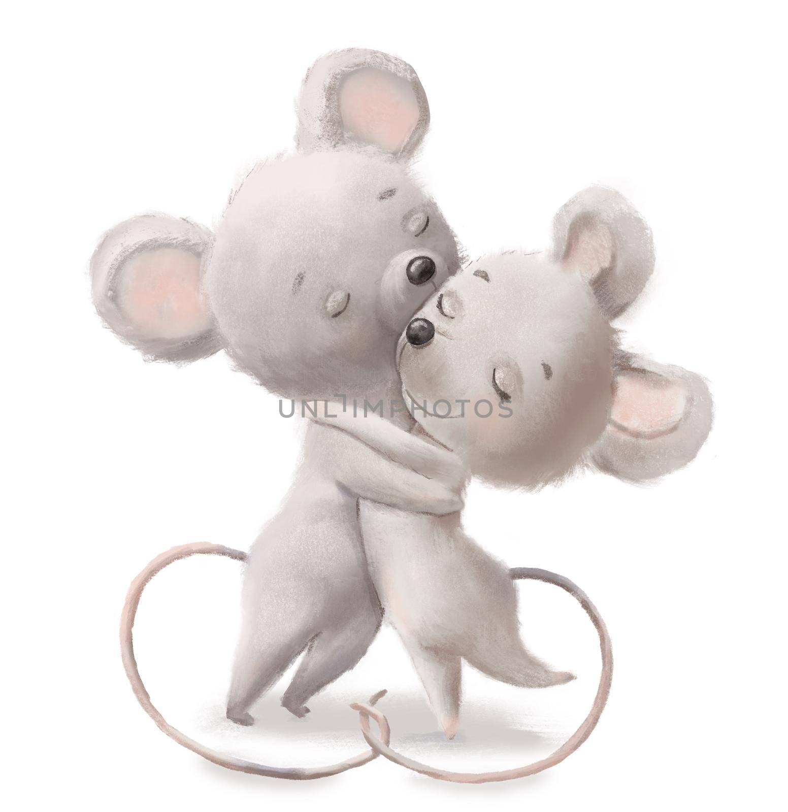 Two little fluffy grey mice kissing. Cute family in love. Hand painted graphic drawing on white background by ElenaPlatova