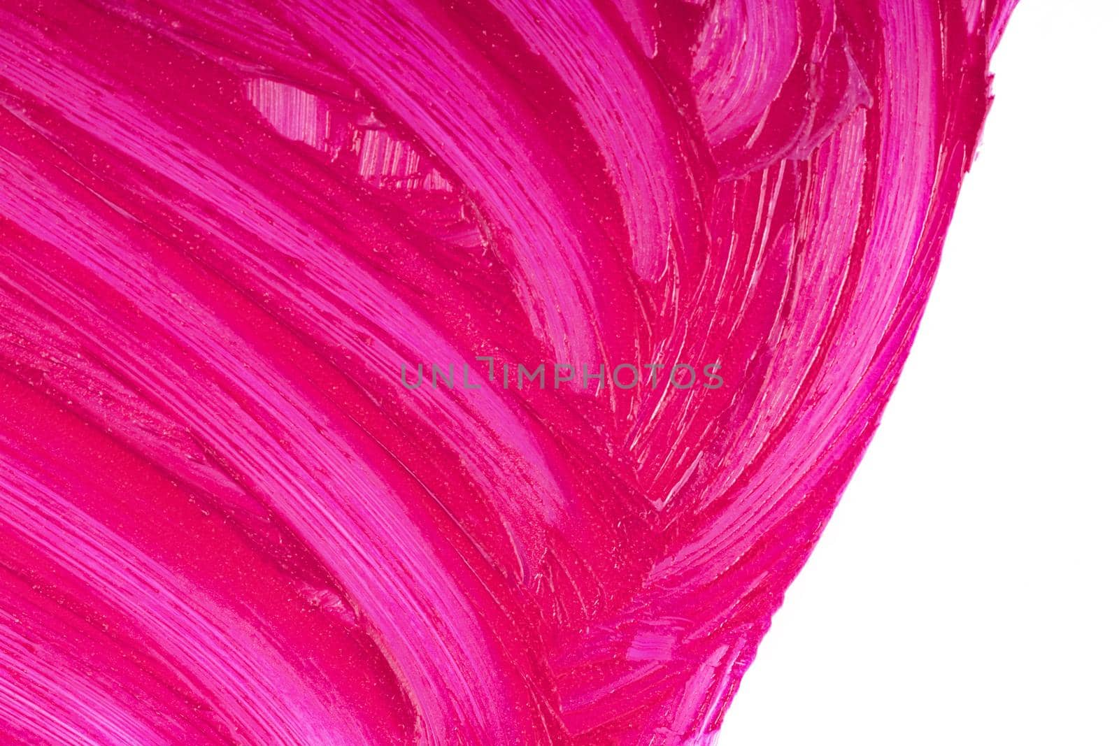 Beauty product sample closeup. Purple cosmetics smear pattern. Liquid lipstick cosmetic isolated on white. Pink swatch matt backdrop. by photolime