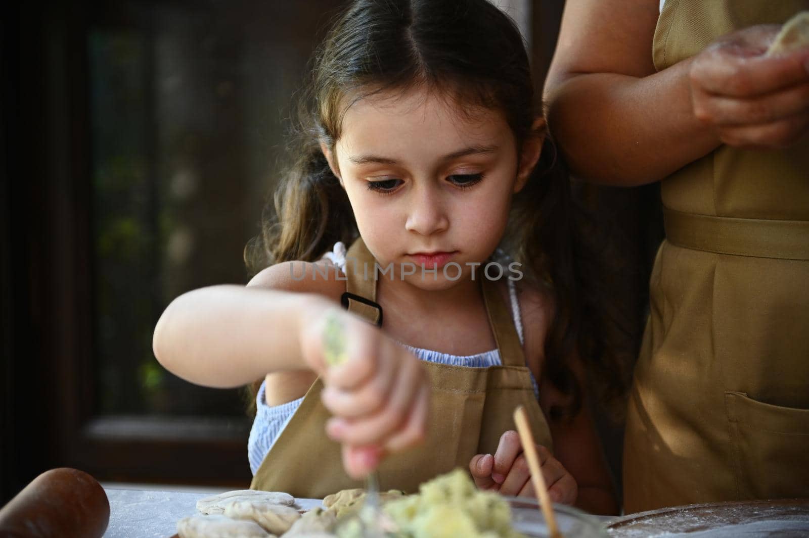 Adorable European little girl, child stuffing mashed potatoes into rolled out dough while learning cooking dumplings by artgf