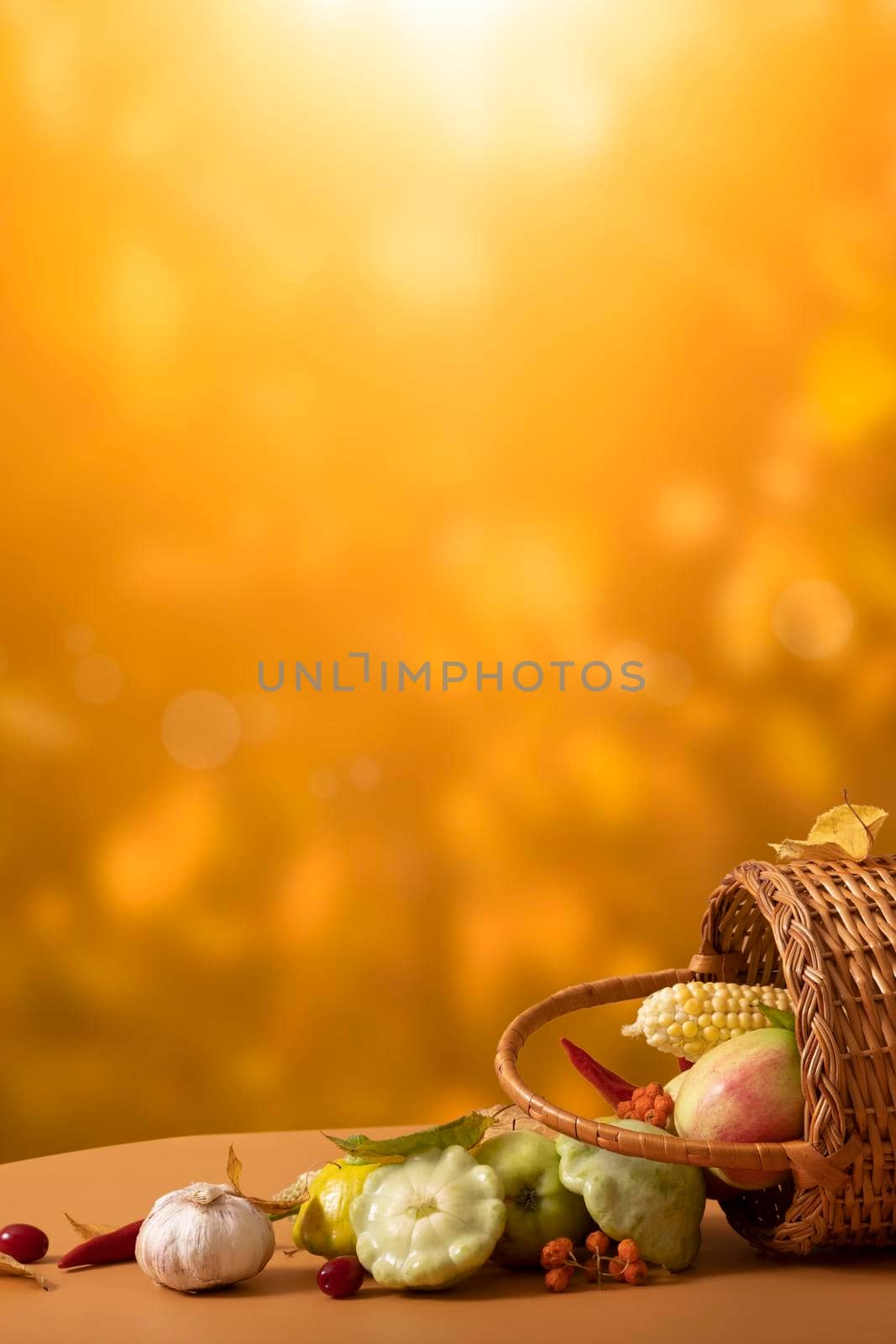 Autumn vertical composition with a basket of apples, squash, peppers on the background of an autumn landscape. High quality photo