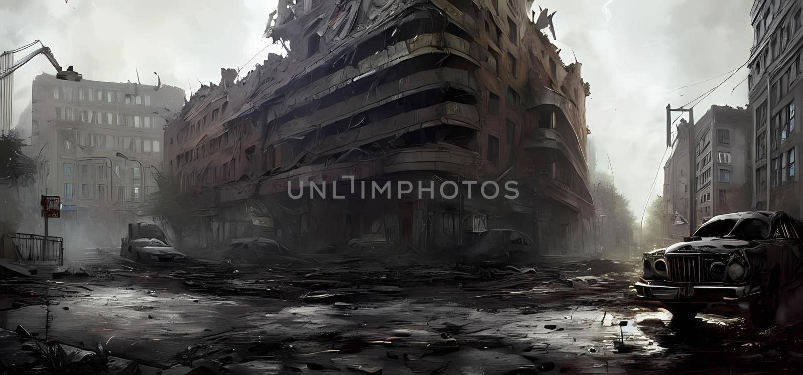 Ruins of war, destroyed buildings streets. Digital art painting book illustration,background wallpaper, concept art.