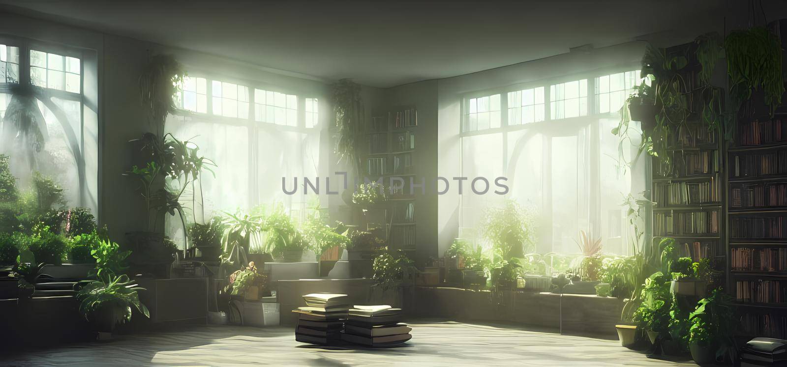 Room interior of a fantasy painting, full with plants and books.Digital art painting for book illustration,background wallpaper, concept art.