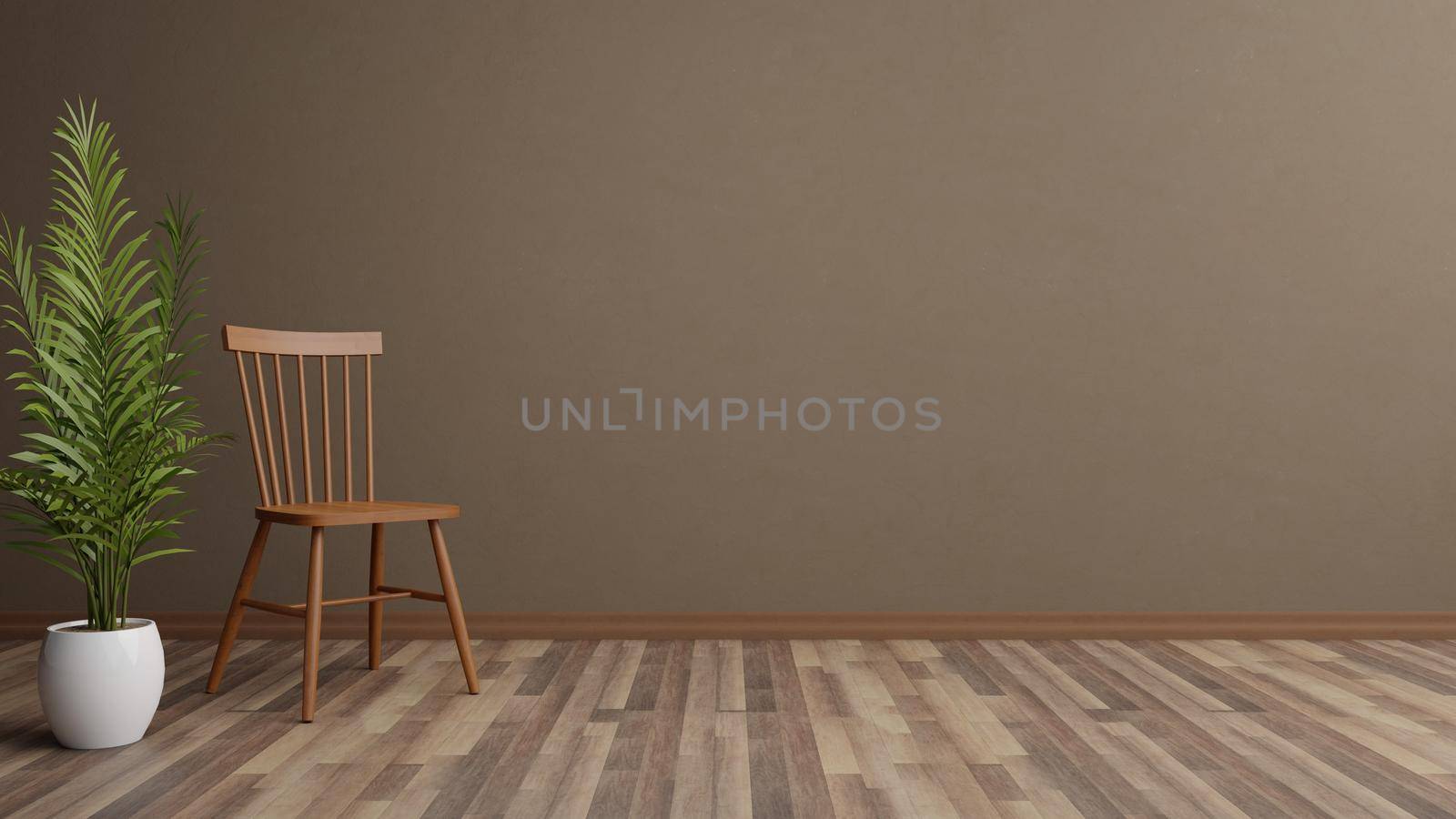 A Chair On Concrete Polished Wall And Plant On The Side, Parquet Floor, 3D Illustration