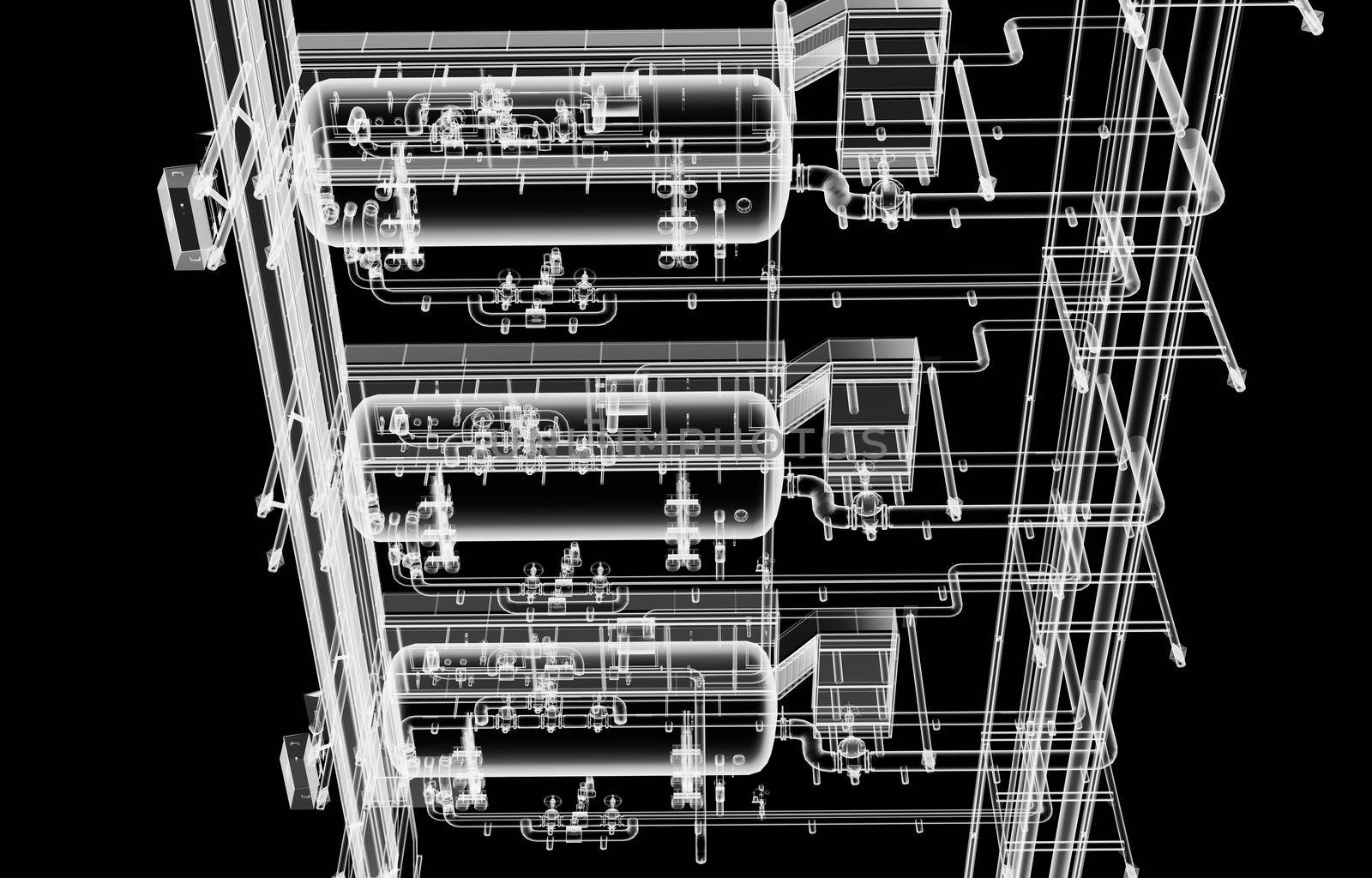 Industrial equipment. X-Ray 3d illustration on black background. Non-destructive testing concept