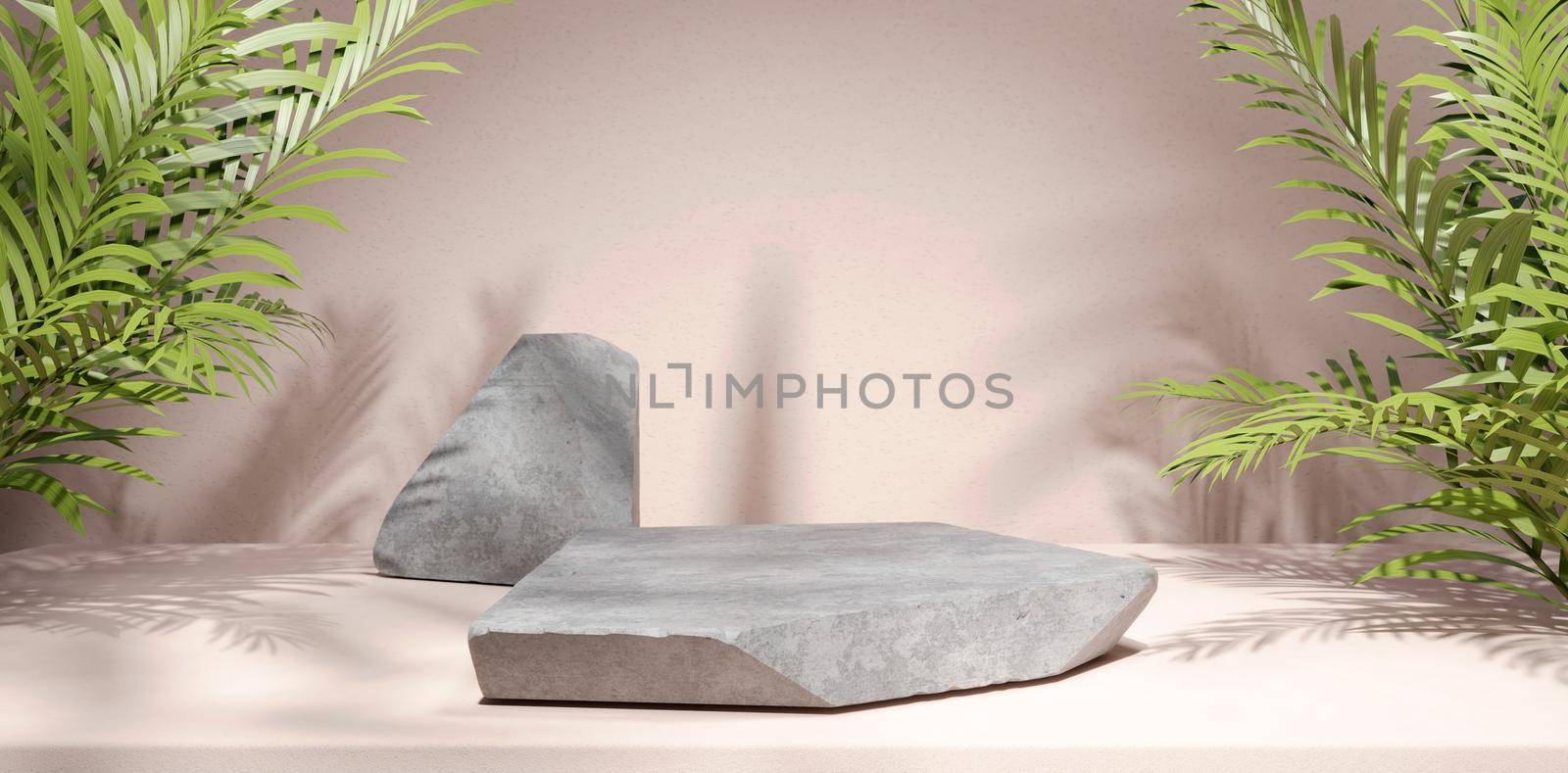 Stone Podium For Display Product With Tropical Leaves. 3D Illustration