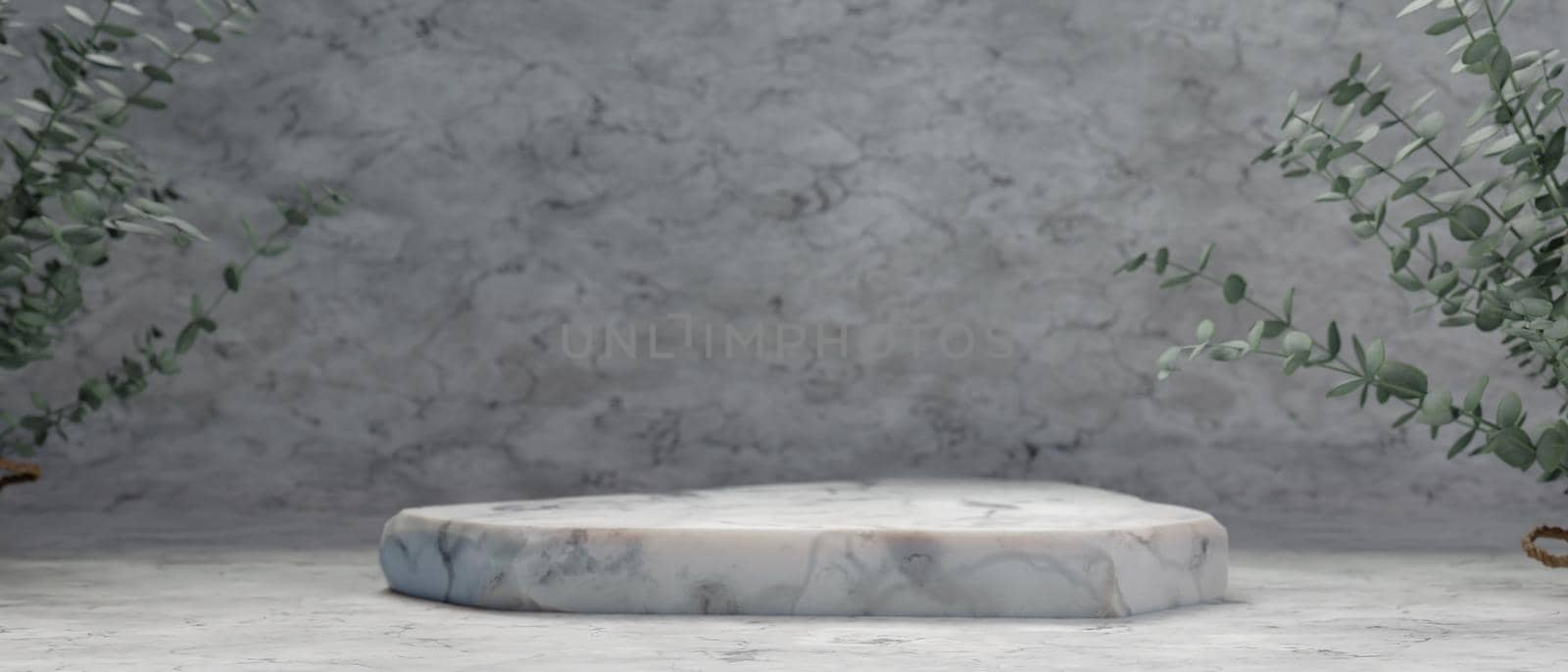 Natural Beauty Poduim Backdrop With Empty Podium For Cosmetic Product Display. Fashion Beauty Background With Marble Stone Texture.3D Rendering.