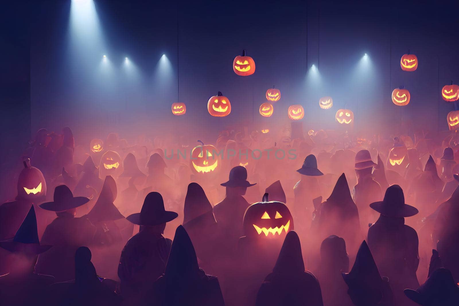 massive halloween party with many unrecognizable costumed people dancing in foggy environment, neural network generated image. by z1b