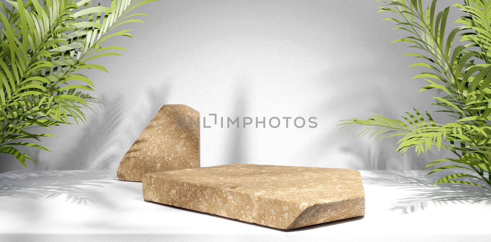 Natural Stone And Concrete Podium In Natural Green Plants In White Background For Empty Show For Packaging Product Presentation. Background For Any Products, The Scene With Green Leaves. Mock Up The Pedestal. by yay_lmrb