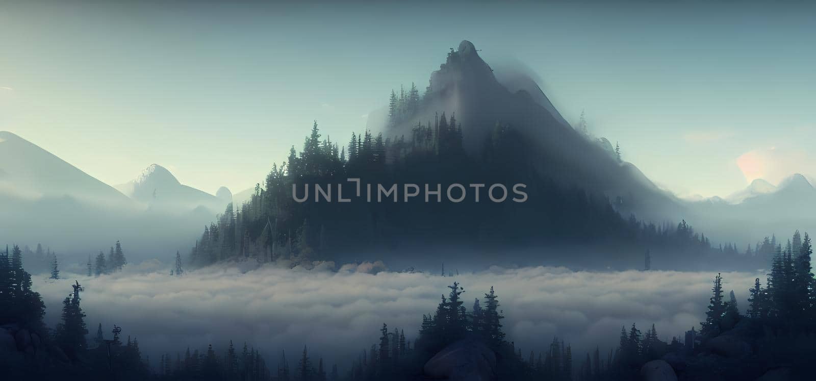 Snowy mountains with clouds and trees. Digital art painting for book illustration,background wallpaper, concept art. by yay_lmrb