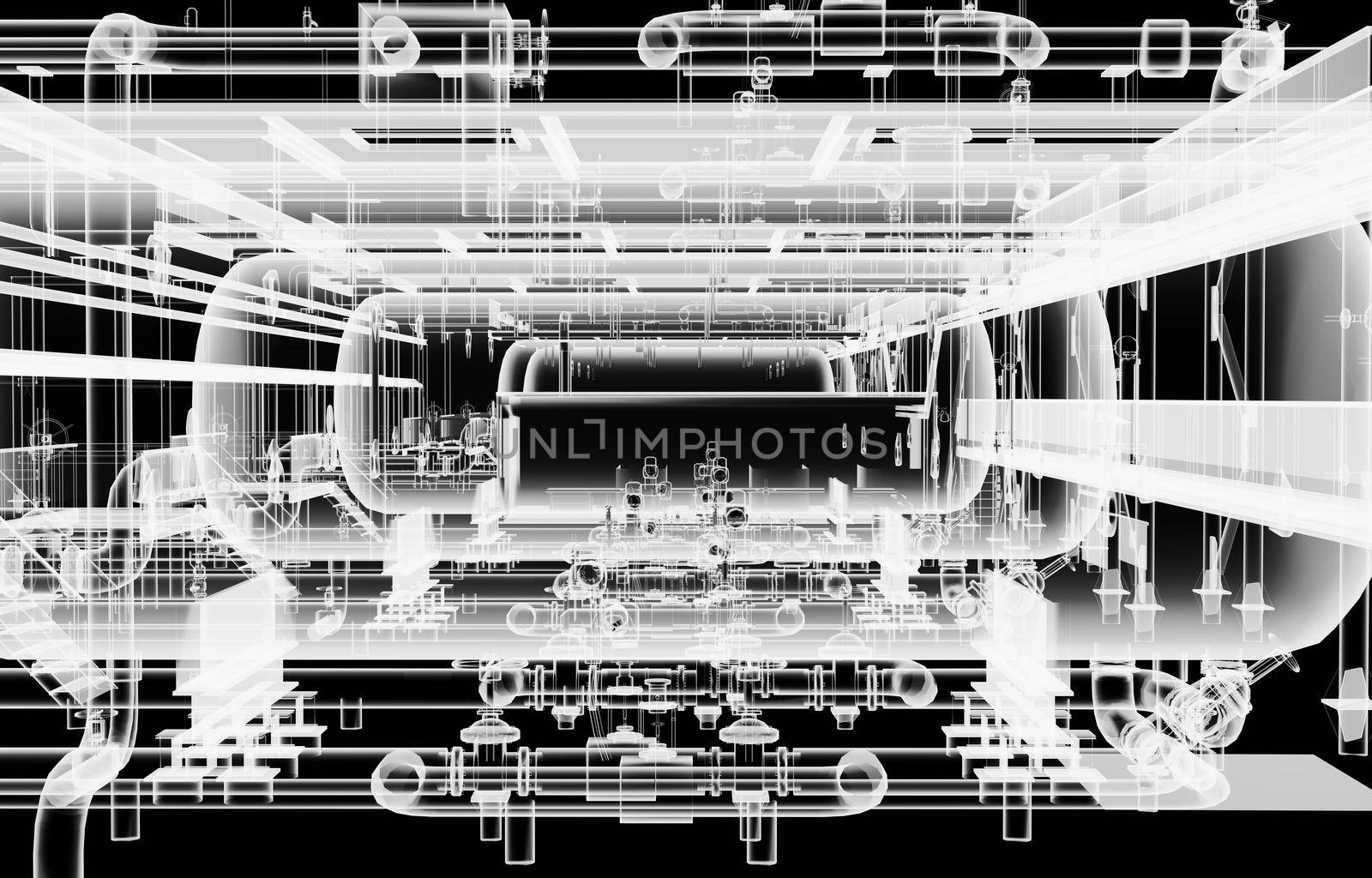 Industrial equipment. X-Ray 3d illustration on black background. Non-destructive testing concept