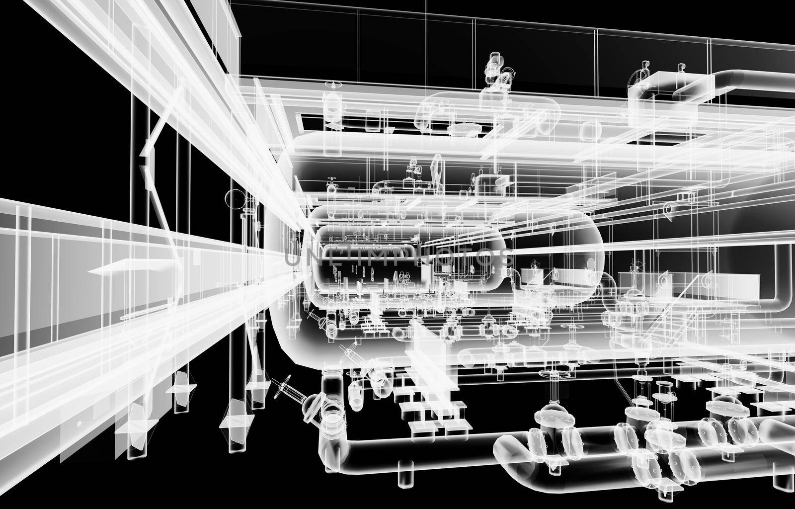 Industrial equipment. X-Ray 3d illustration on black background. Non-destructive testing concept