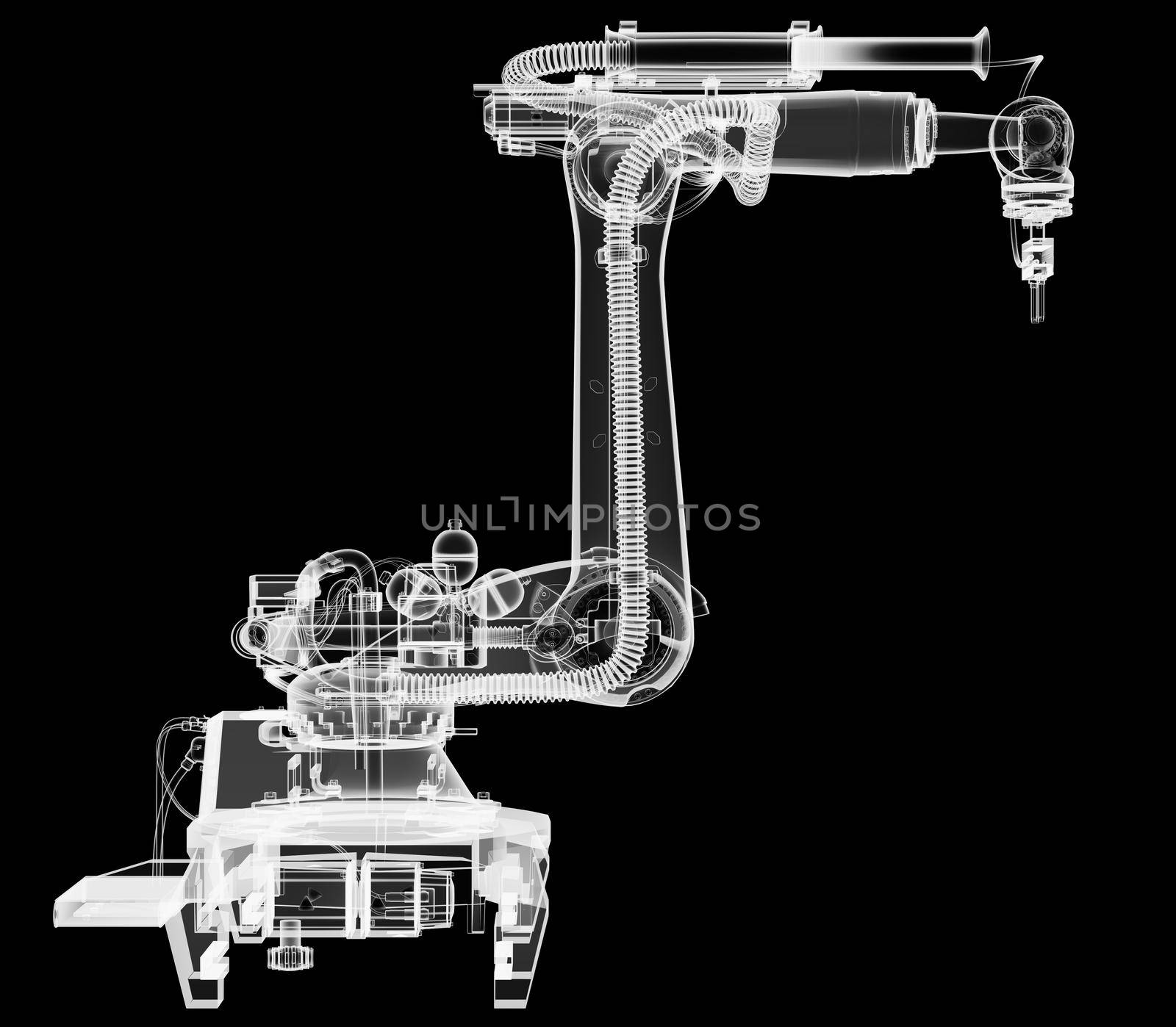 Industrial robot, x-ray transparent. 3D illustration. Non-destructive testing concept