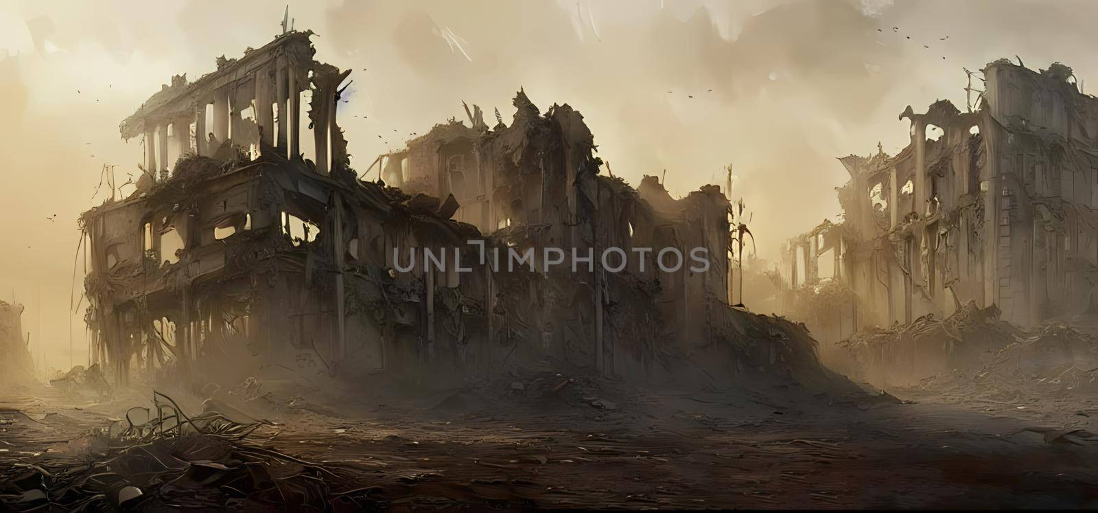 Concept of the aftermath of war. Consequences of shelling by artillery shells and air strikes.Illustration of the destruction. Digital art background wallpaper, concept art. by yay_lmrb