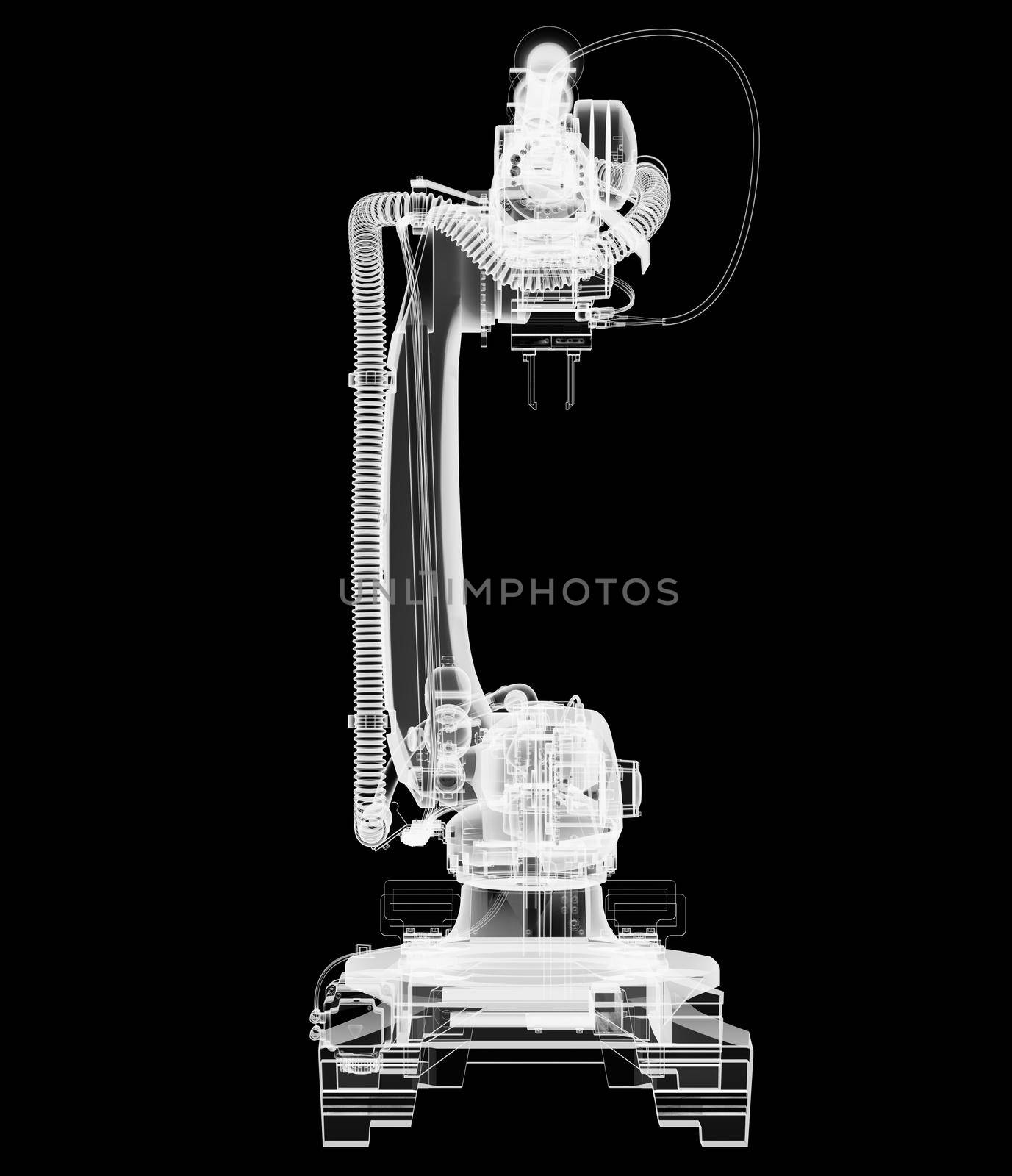 Industrial robot, x-ray transparent. 3D illustration. Non-destructive testing concept