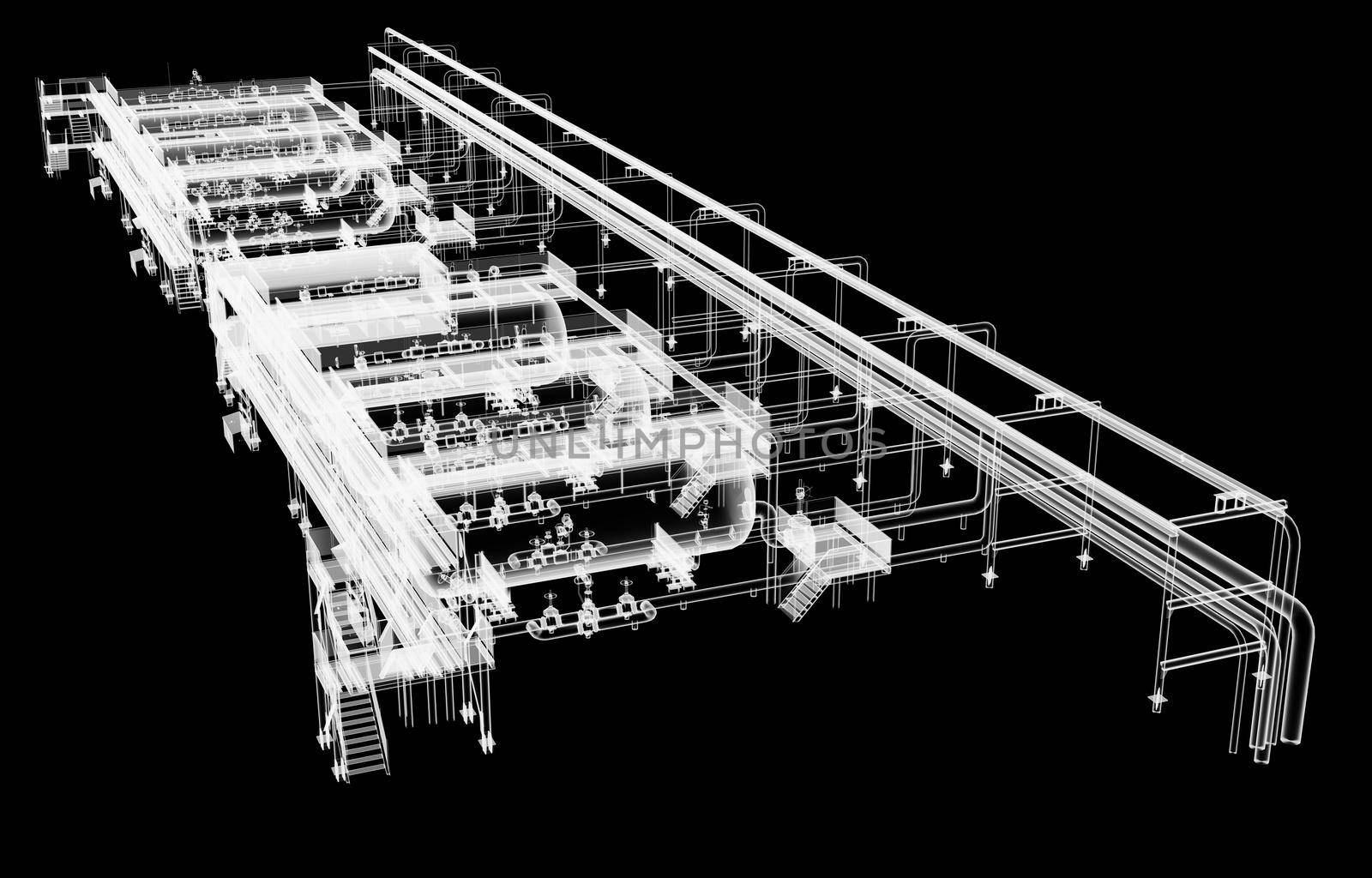 Industrial equipment. X-Ray 3d illustration on black background. Non-destructive testing concept