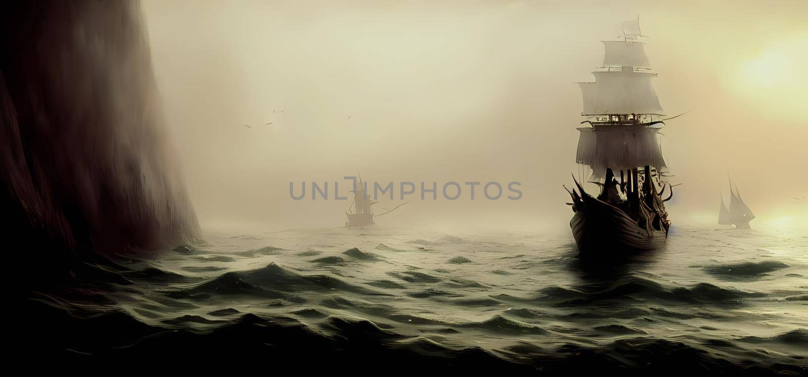 Pirate ship at sea. Digital art painting for book illustration,background wallpaper, concept art. by yay_lmrb