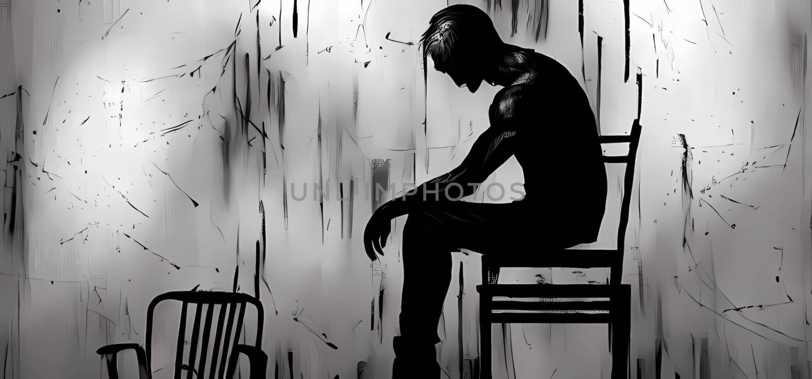 Abstract conceptual art silhouette of sad and depressed man sitting in a dark room.Digital art painting for book illustration,background wallpaper, concept art. by yay_lmrb