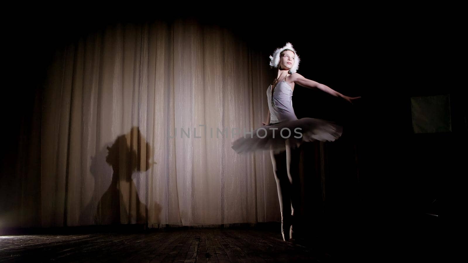 in rays of spotlight, on the stage of the old theater hall. Young ballerina in suit of white swan and pointe shoes, dances elegantly certain ballet motion, Swan Lake. High quality photo