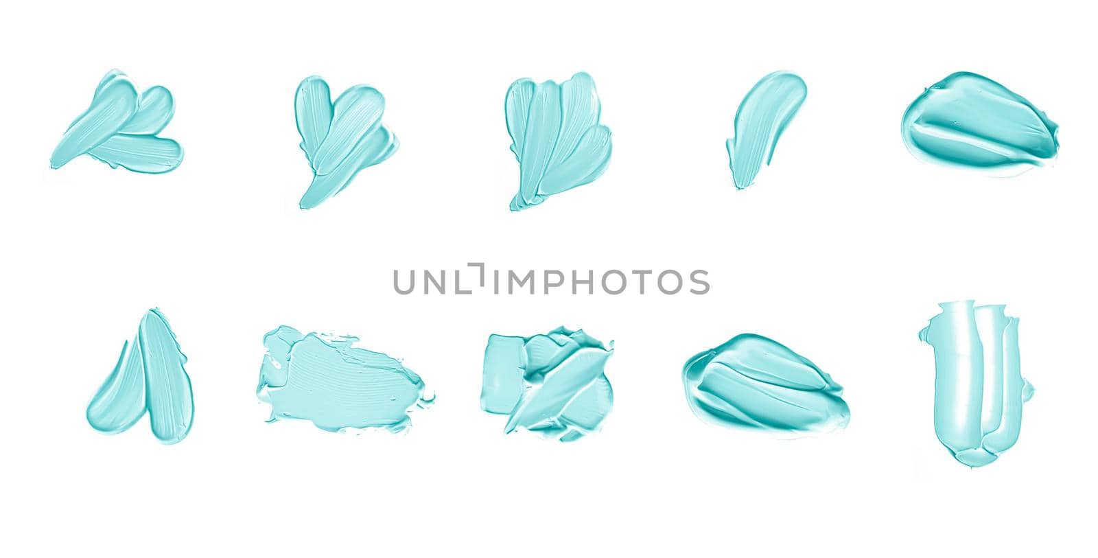 Pastel mint beauty swatches, skincare and makeup cosmetic product sample texture isolated on white background, make-up smudge, cream cosmetics smear or paint brush stroke closeup