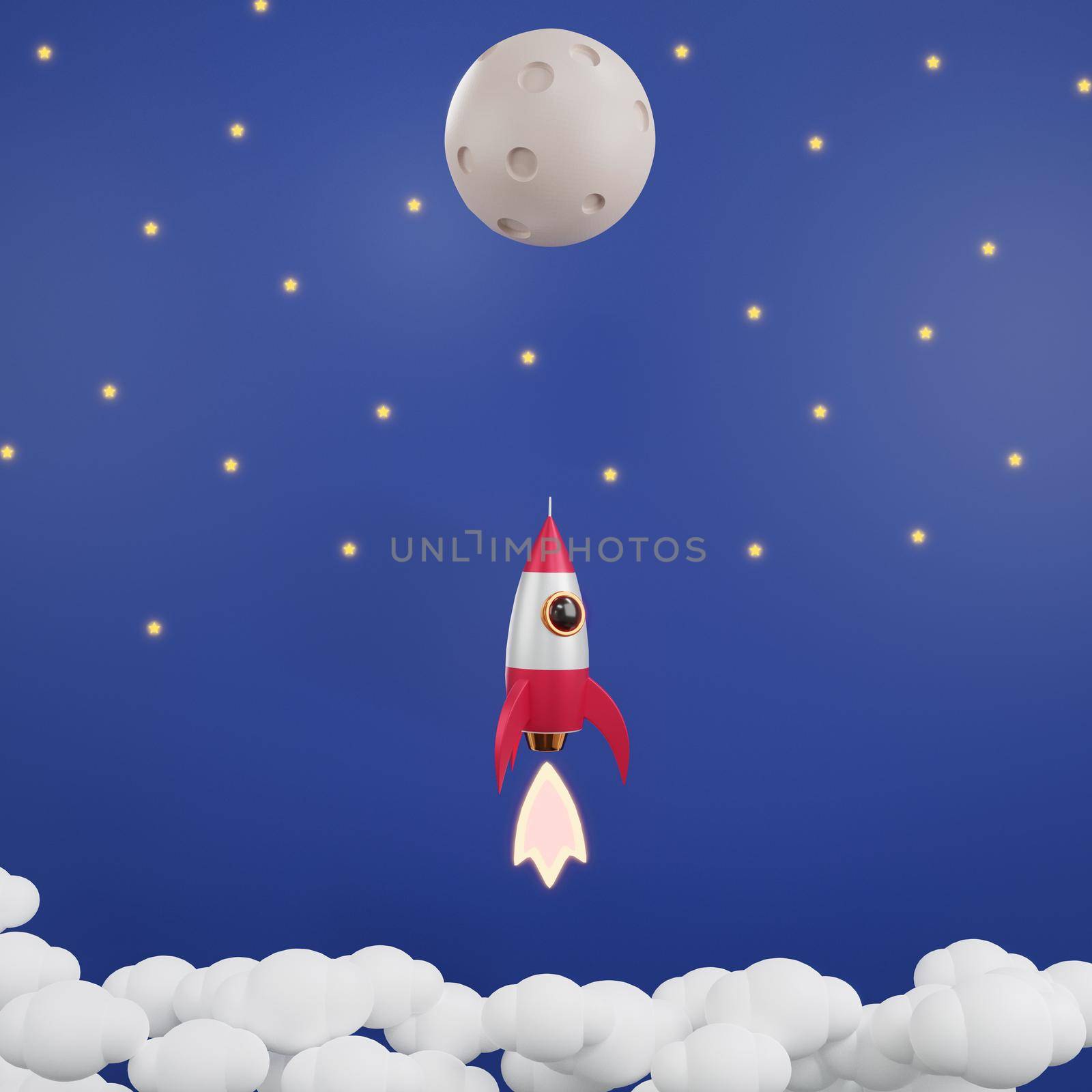 Rocket launch have smoke in the sky galaxy flying to moon over clouds, Concept of business product market startup with copy space on white background, Space travel, 3D rendering illustration