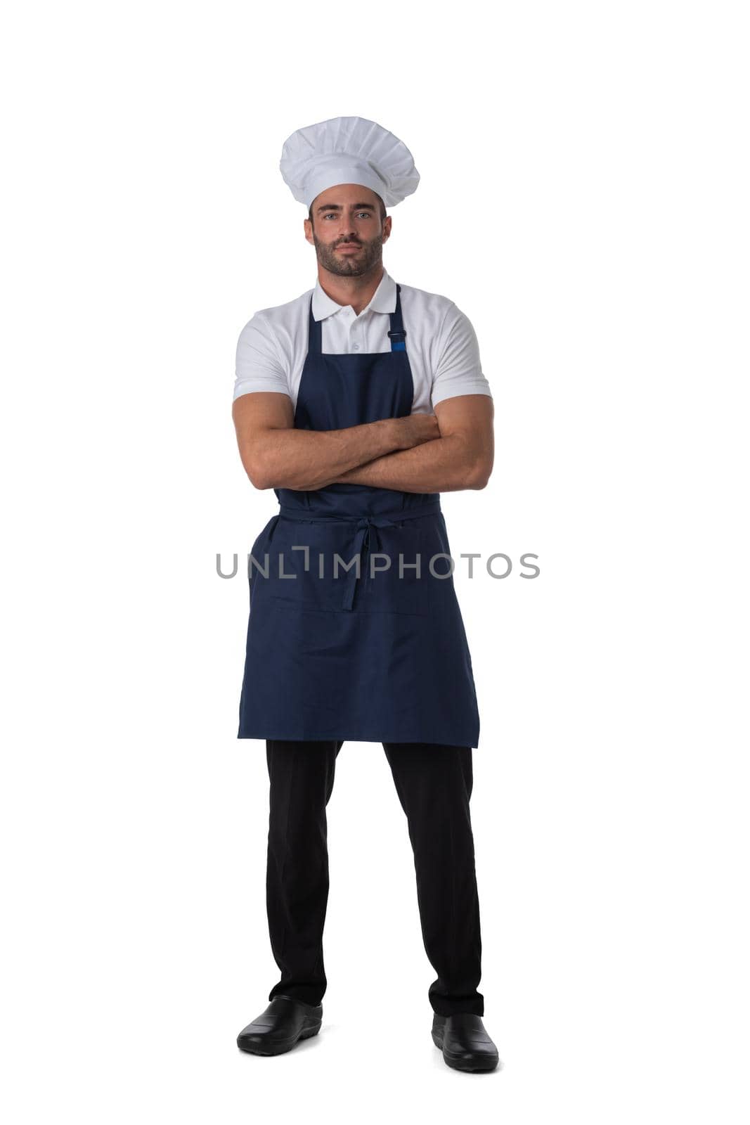 Chef cook full length portrait, man standing with arms crossed isolated on white background