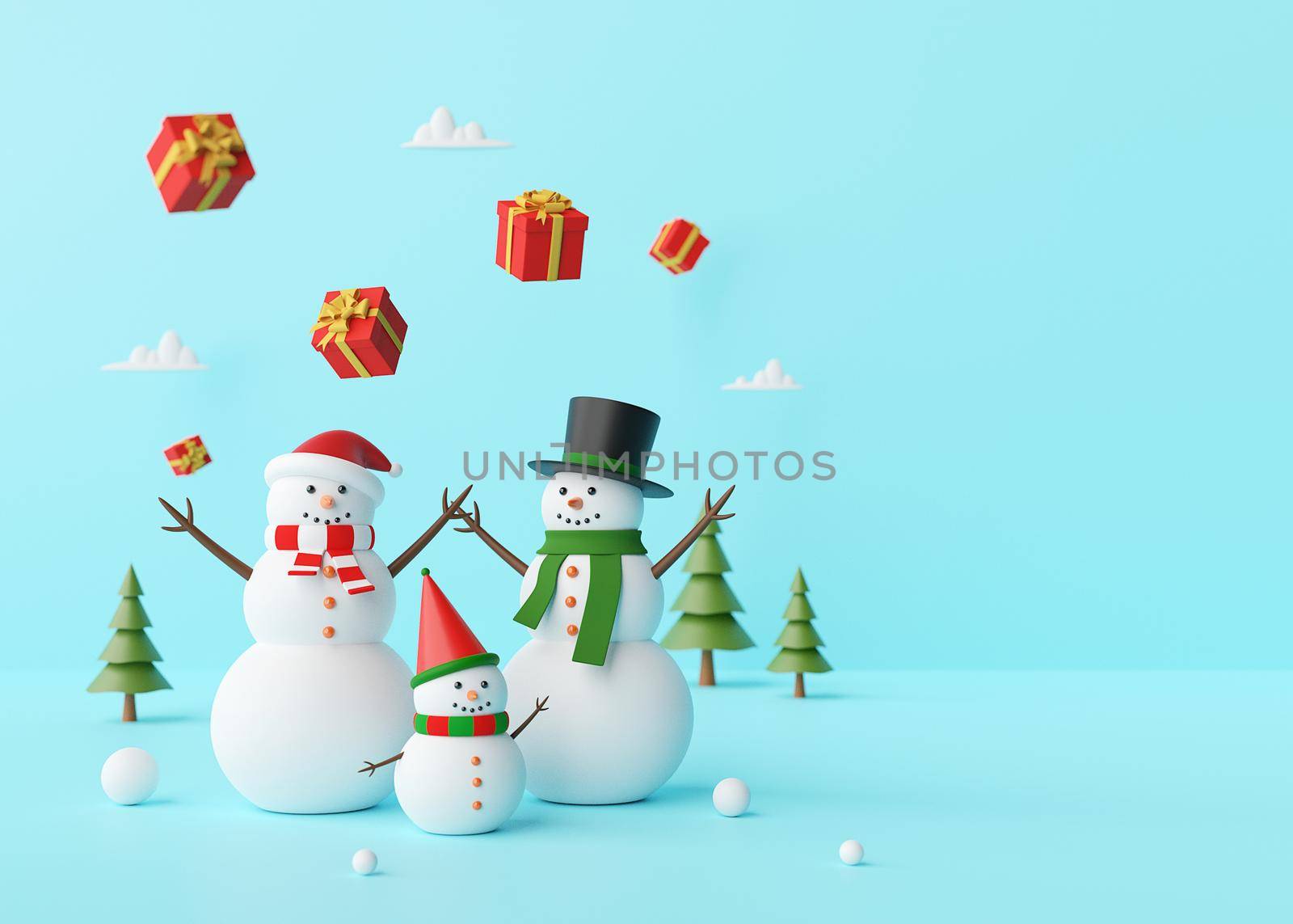 Merry Christmas, Snowman enjoying with christmas gifts on a blue background, 3d rendering by nutzchotwarut