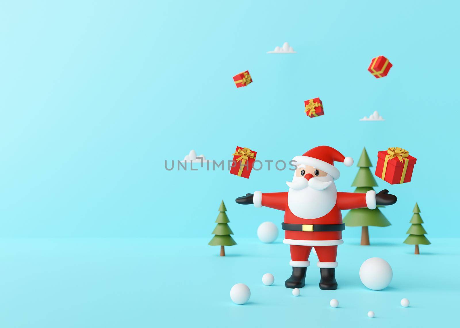 Merry Christmas, Santa Claus enjoying with christmas gifts on a blue background, 3d rendering