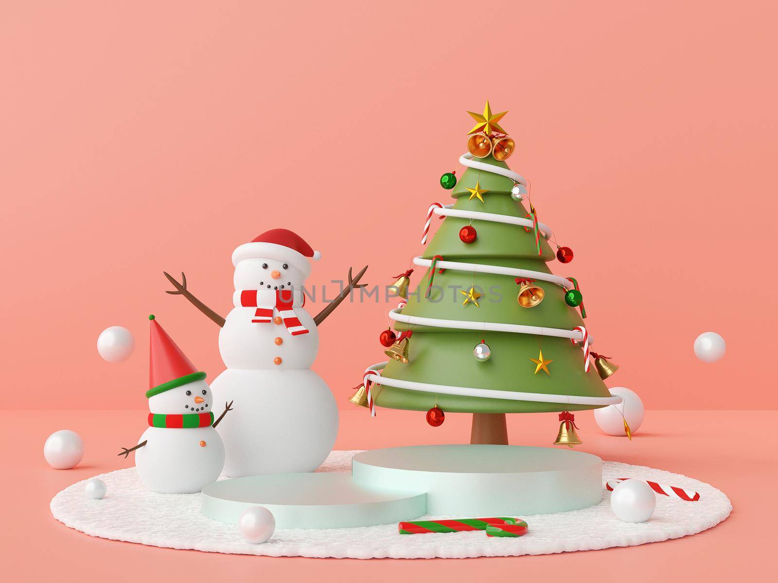 Christmas scene podium with snowman and Christmas tree on a pink background, 3d rendering