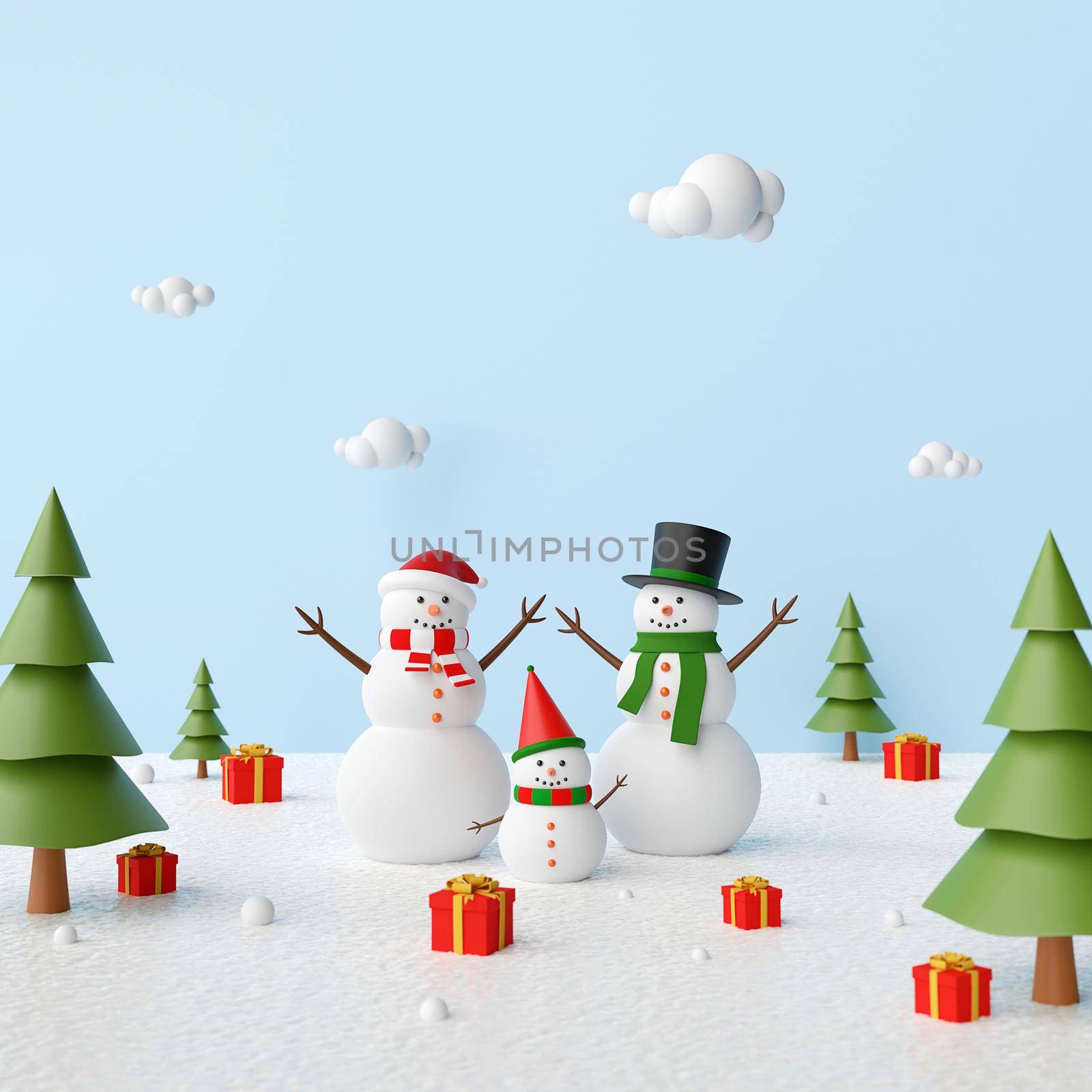 Merry Christmas, Snowman in a pine forest with Christmas gifts, 3d rendering