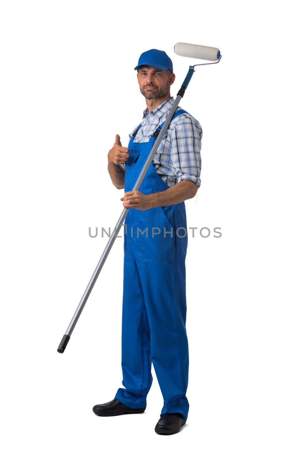 Male house painter man in uniform with paint roller Isolated over white background