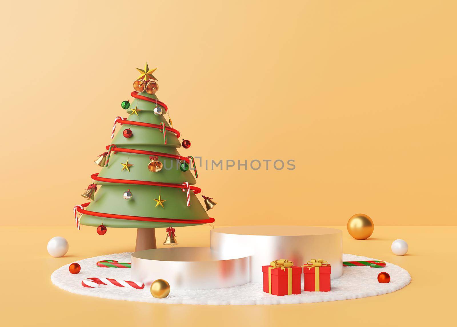 Merry Christmas, Podium with Christmas tree and ornaments on a snow floor, 3d rendering