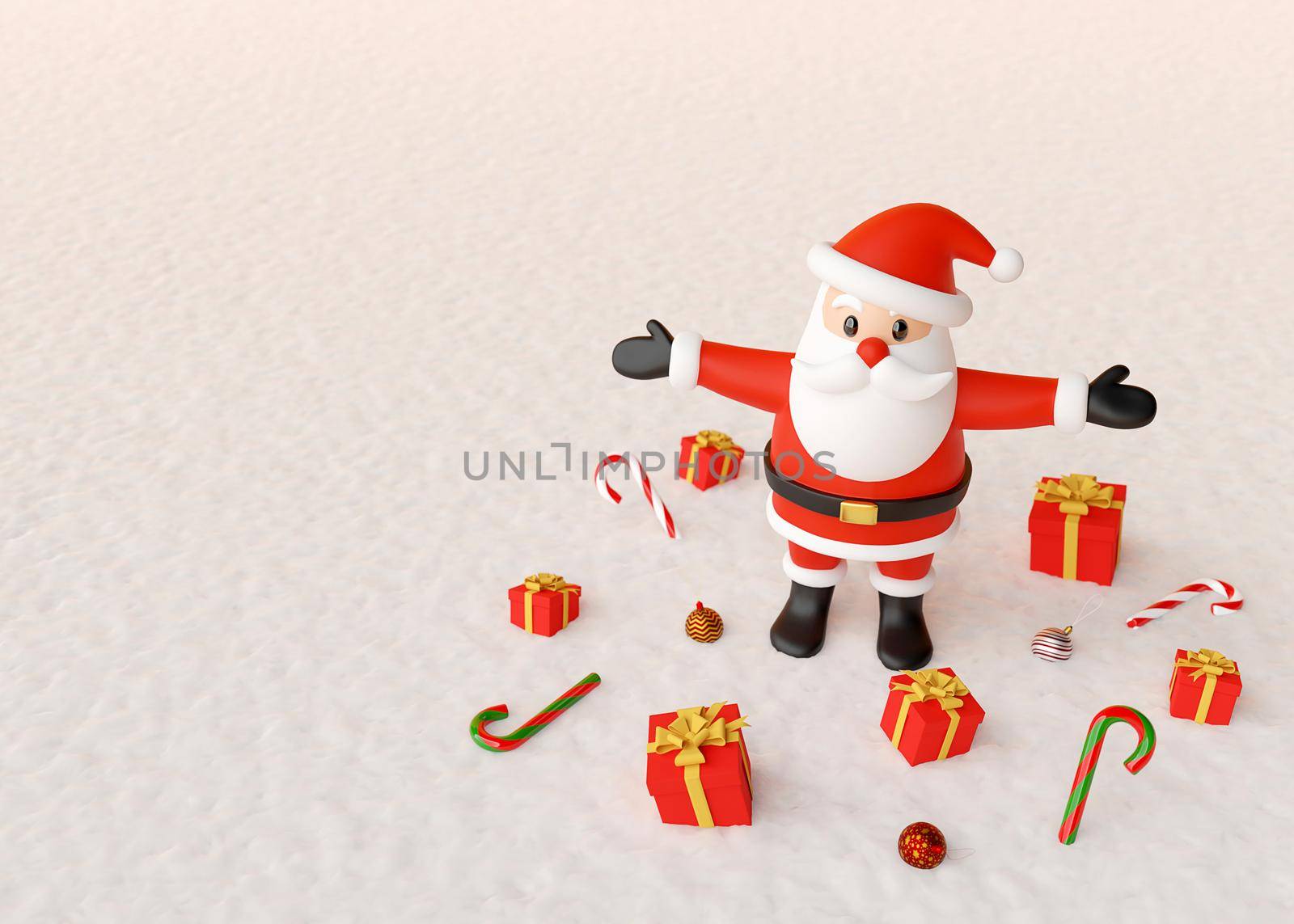 Merry Christmas, Santa Claus standing with gifts and Christmas ornaments on a snow ground, 3d rendering by nutzchotwarut
