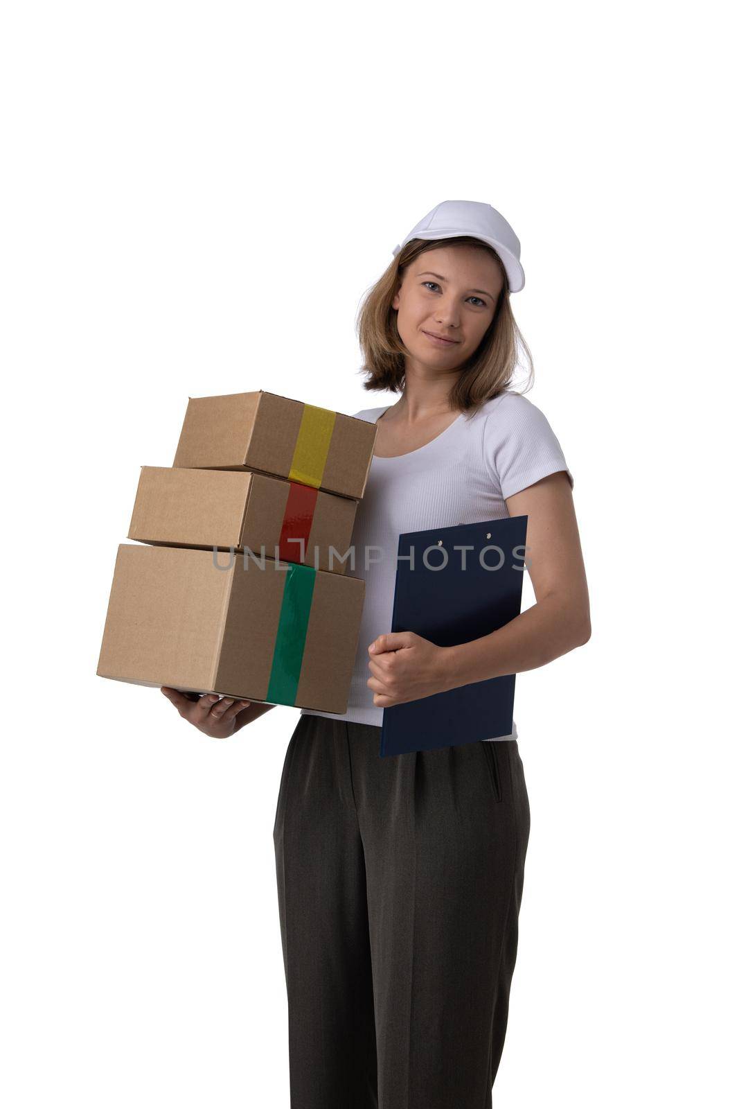 Young girl with cardboard boxes and document folder in hand isolated on white background