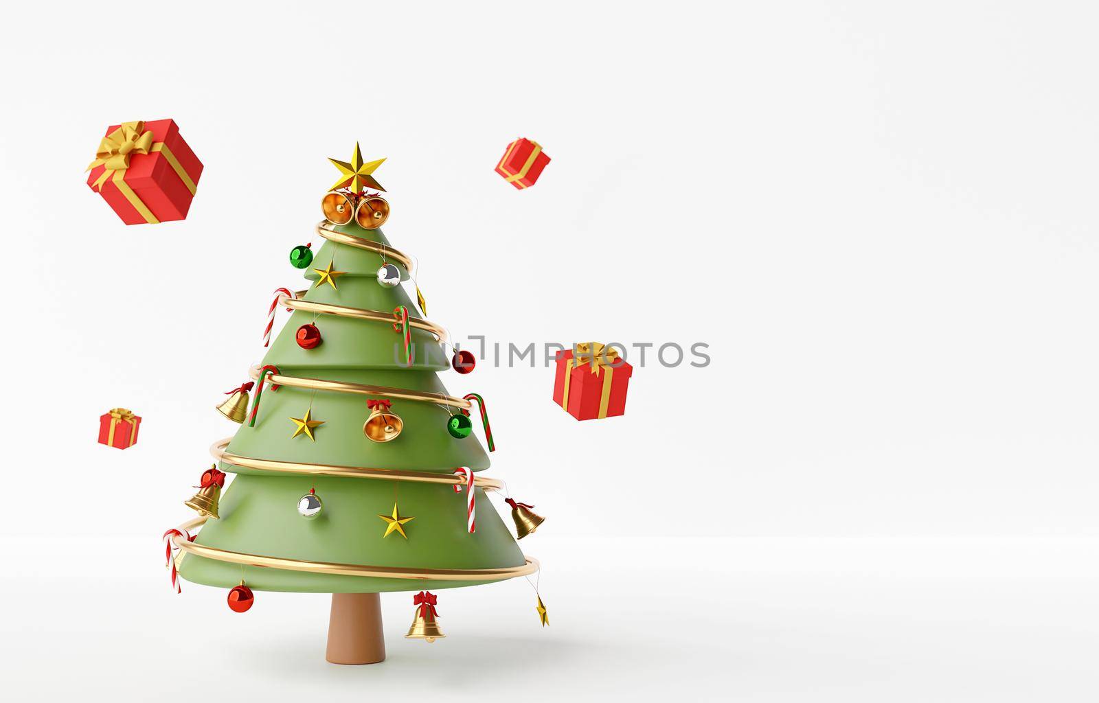 Decorative christmas tree with presents on a white background with copy space, 3d rendering