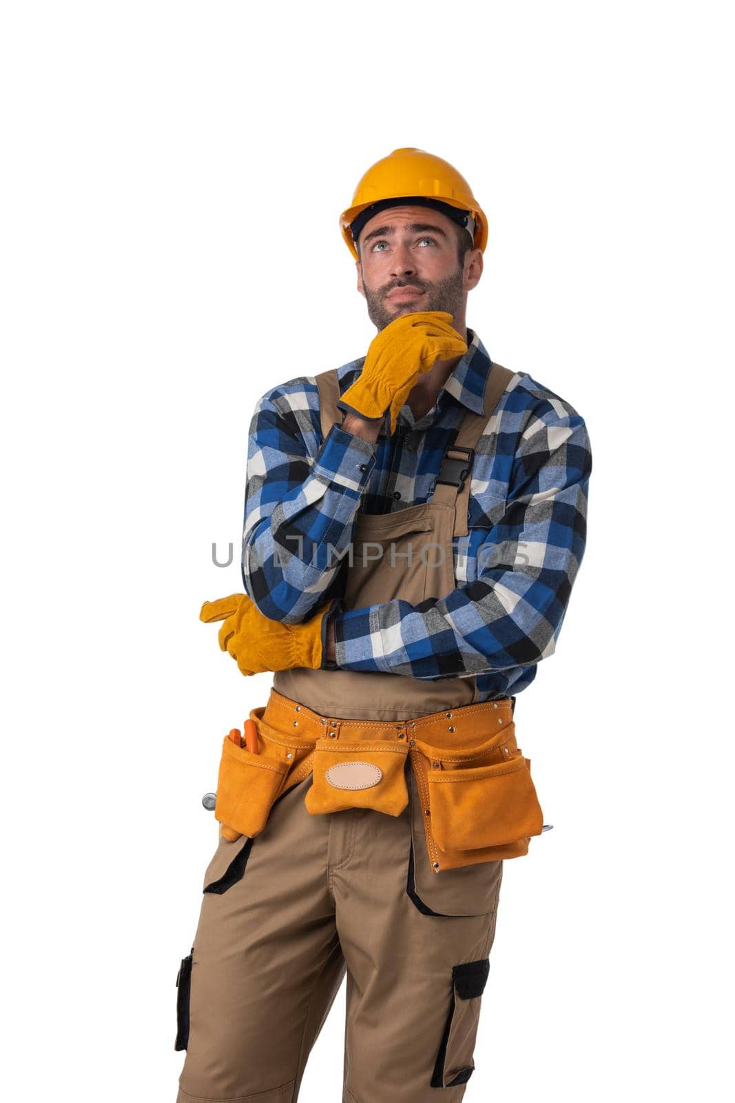 Worker in hardhat and tool belt thinking isolated over white background