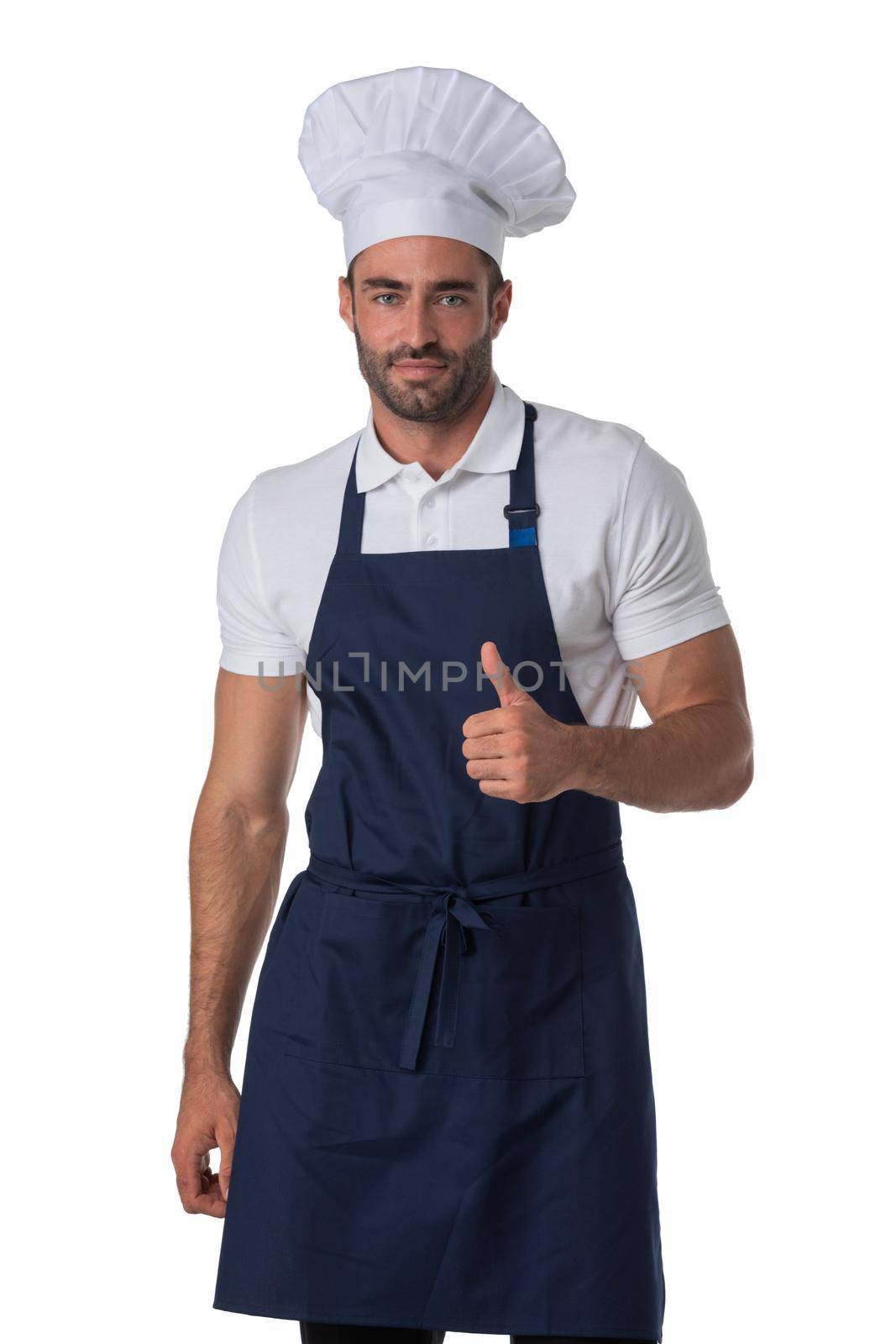 Chef cook portrait, man standing with thumb up isolated on white background