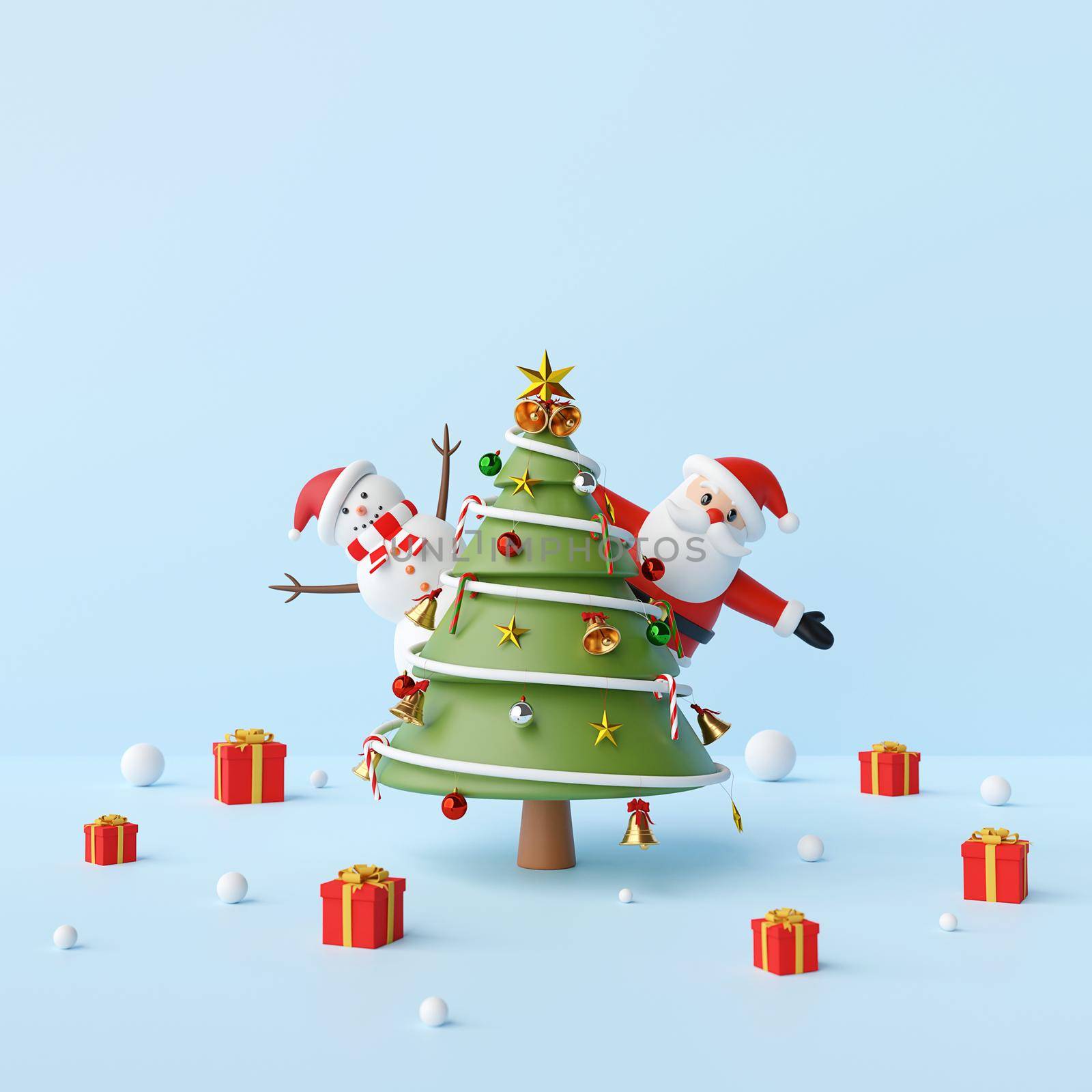 Merry Christmas, Party with Santa Claus, snowman and Christmas tree on a blue background, 3d rendering