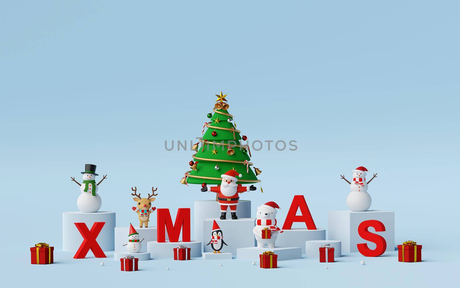 Merry Christmas and Happy New Year, Santa Claus and Christmas character with letters XMAS, 3d rendering by nutzchotwarut