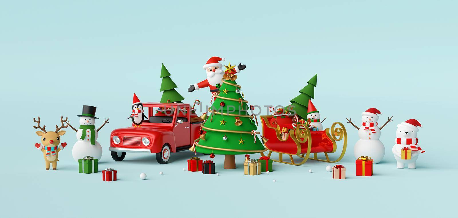 Merry Christmas and Happy New Year, Scene of Christmas celebration with Santa Claus and friends, 3d rendering by nutzchotwarut