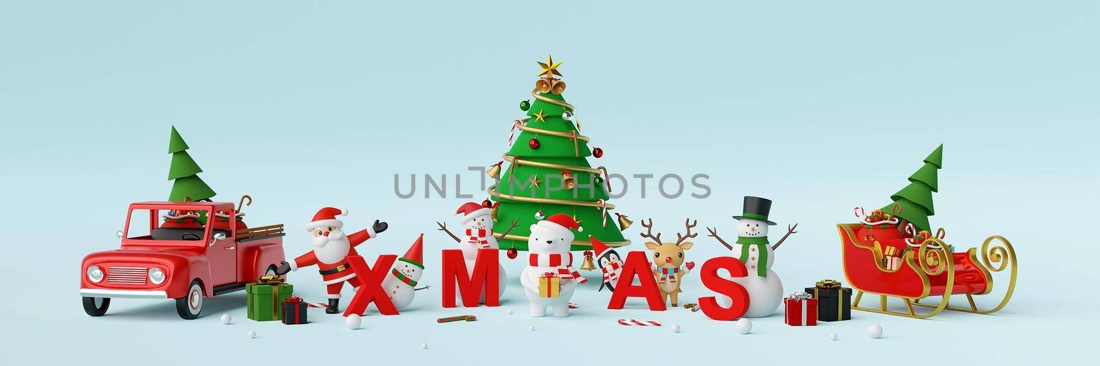Merry Christmas and Happy New Year, Banner background of Santa Claus and Christmas character with letters XMAS, 3d rendering